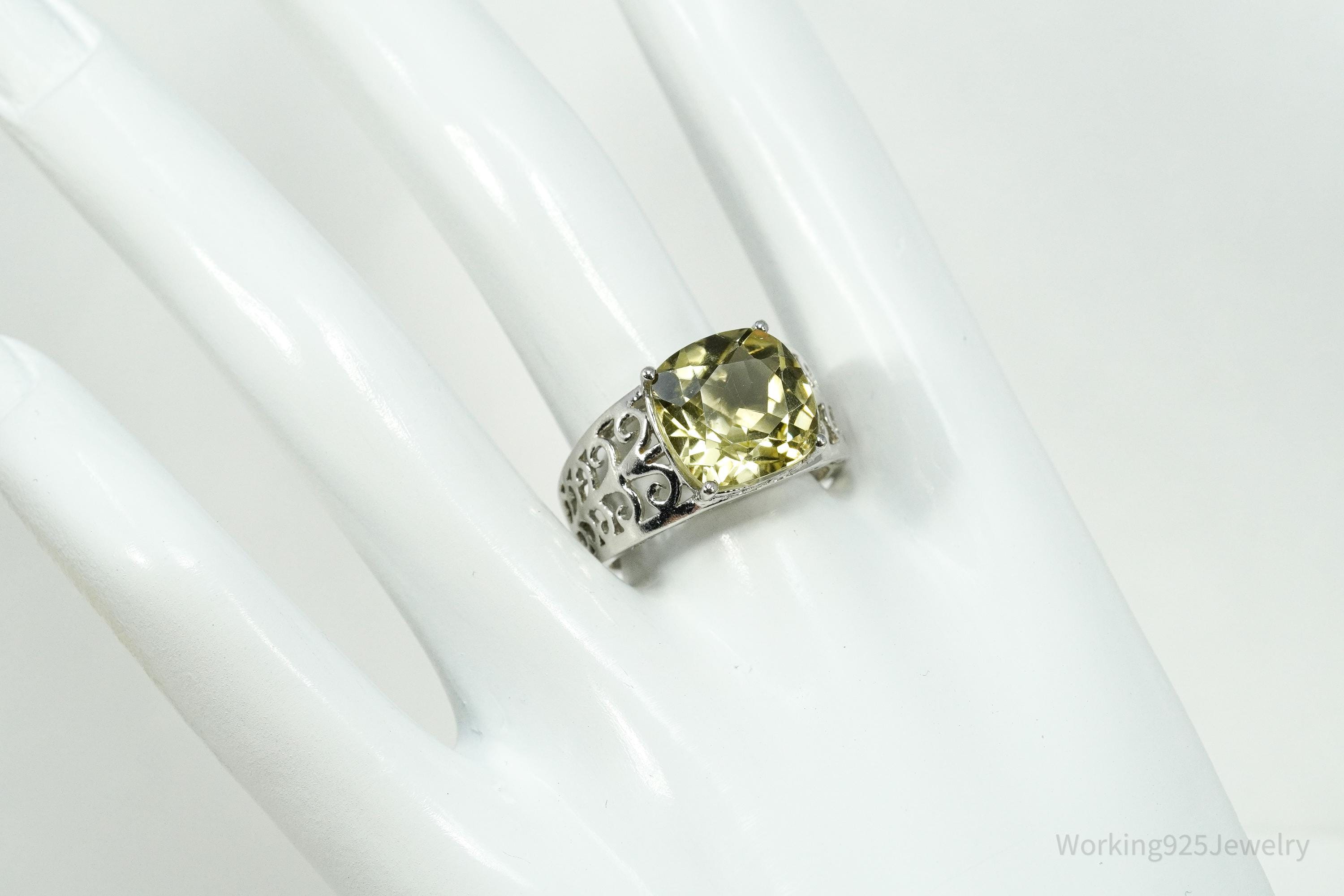 Vintage Large Lemon Citrine Sterling Silver Ring - Size 9