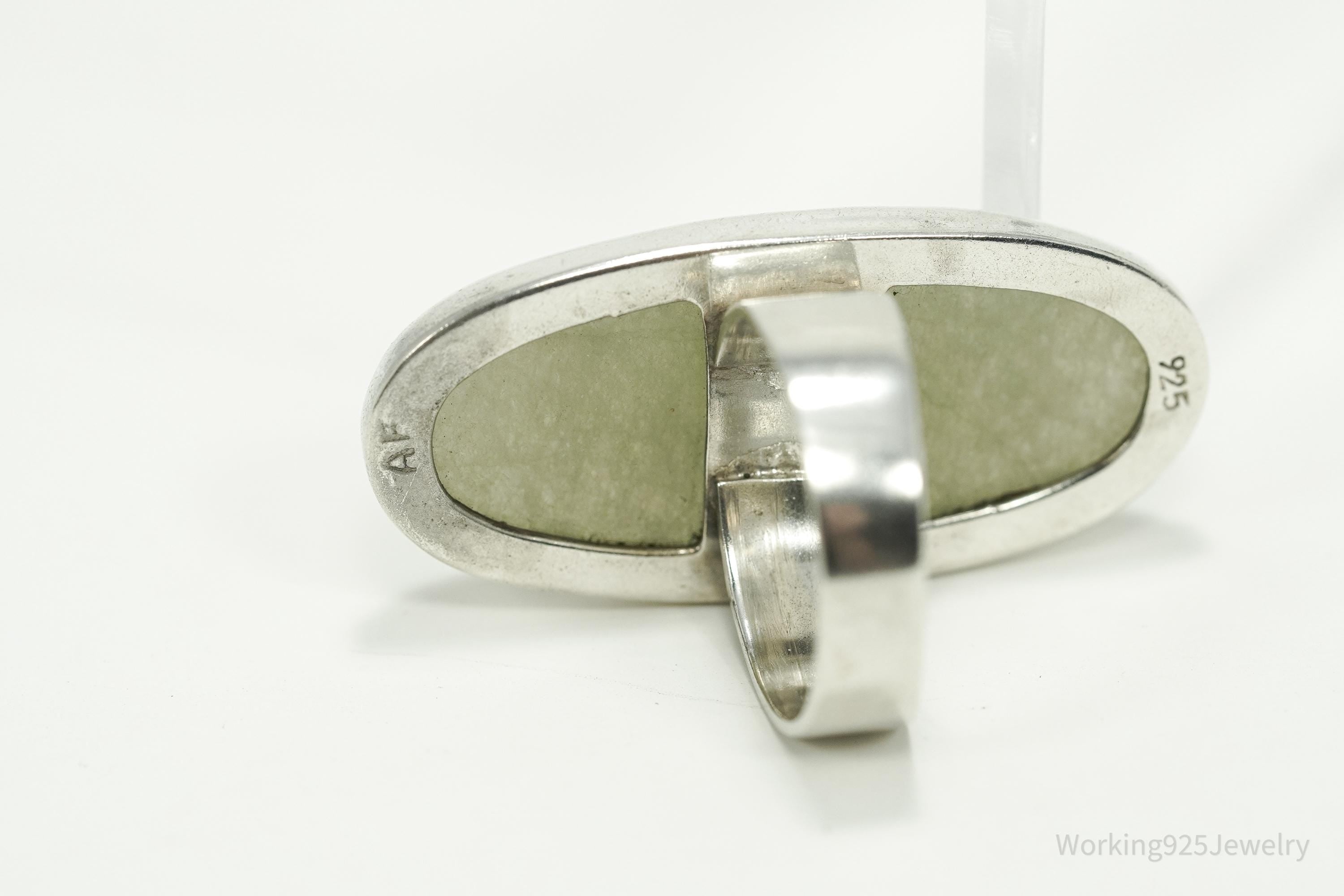Vintage Large Green Stone Sterling Silver Ring - Size 7