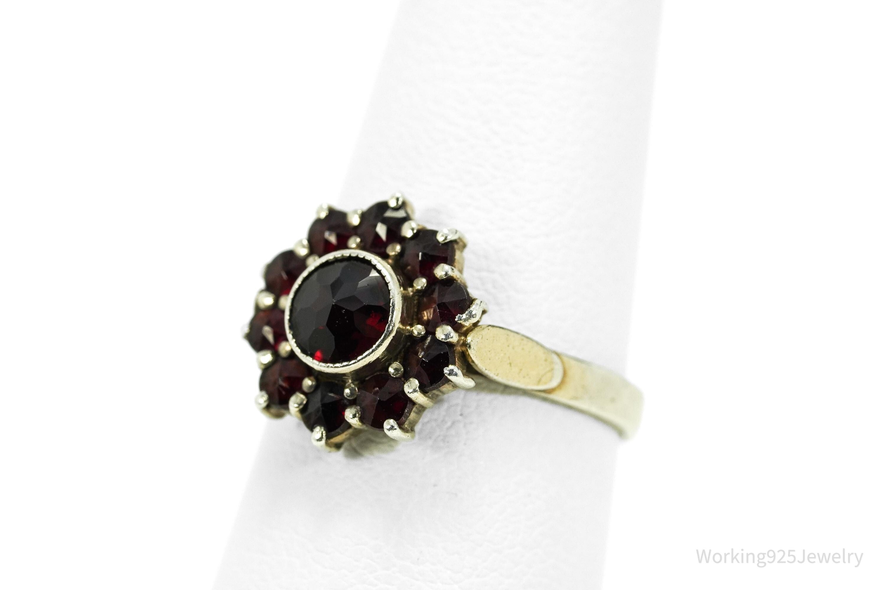 Antique Bohemian Garnet Flower Gold Wash Silver Ring - Size 5.5