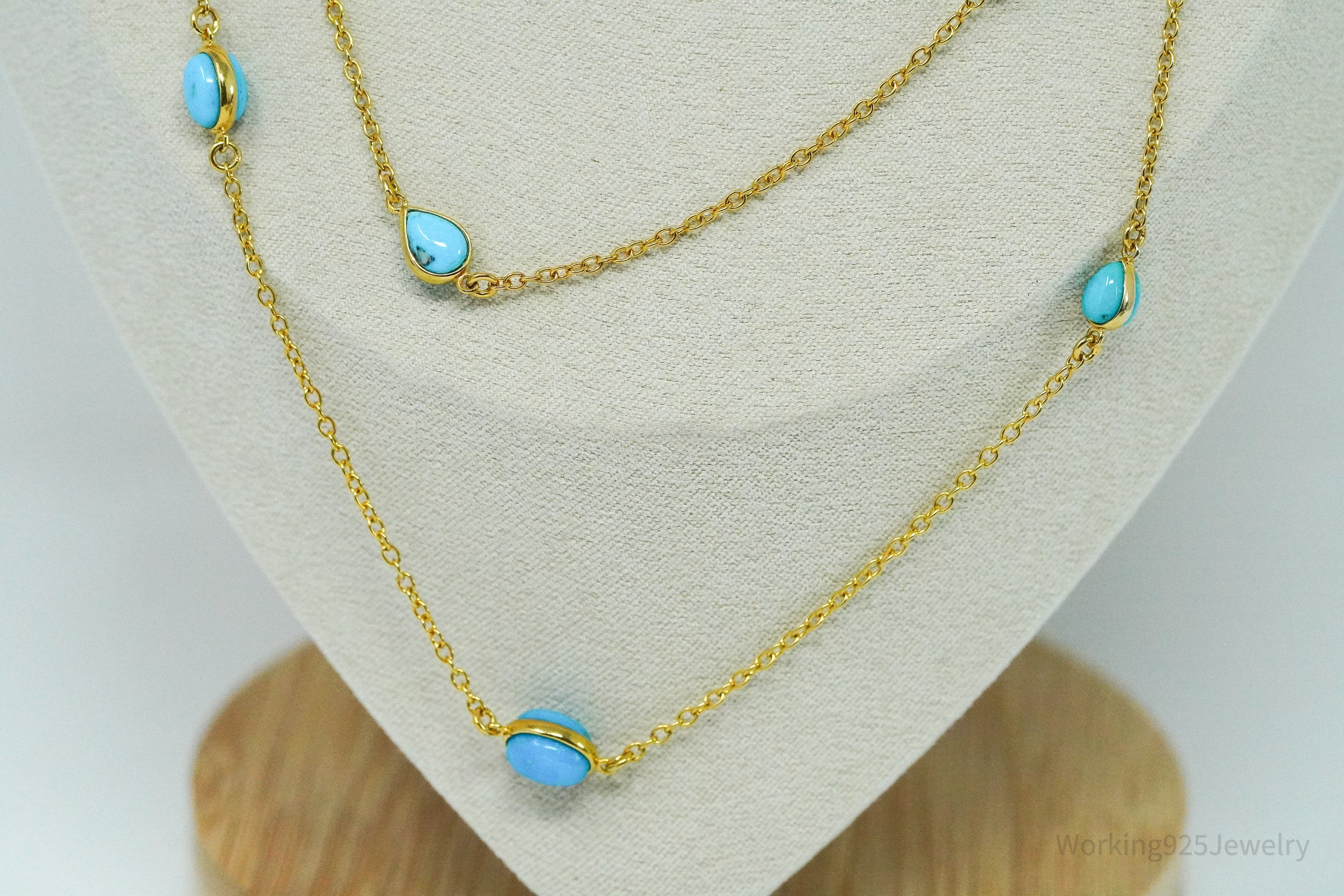 Long Vintage Turquoise Gold Vermeil Sterling Silver Necklace 36"
