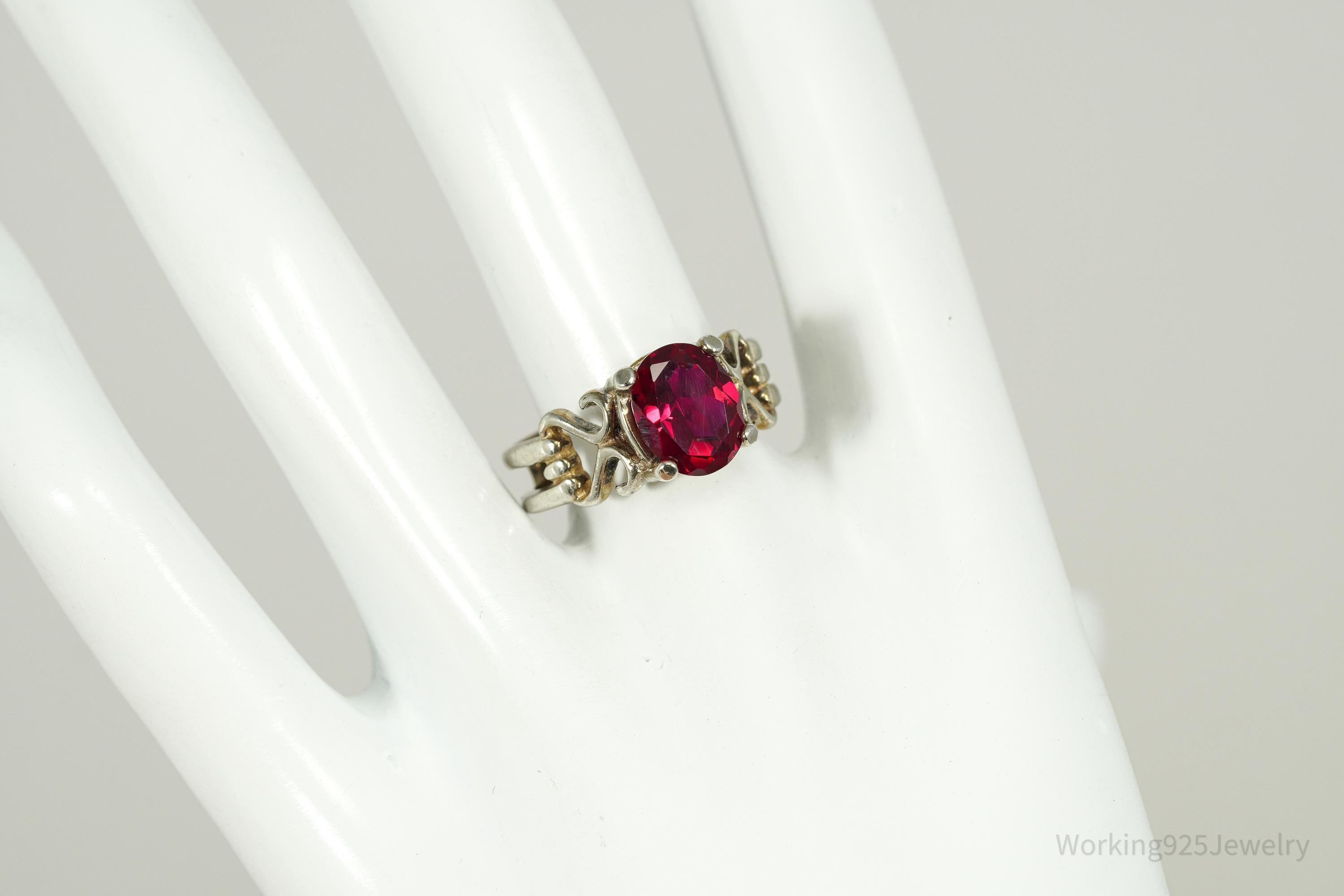 Vintage Lab Ruby Sterling Silver Ring - Size 8.25