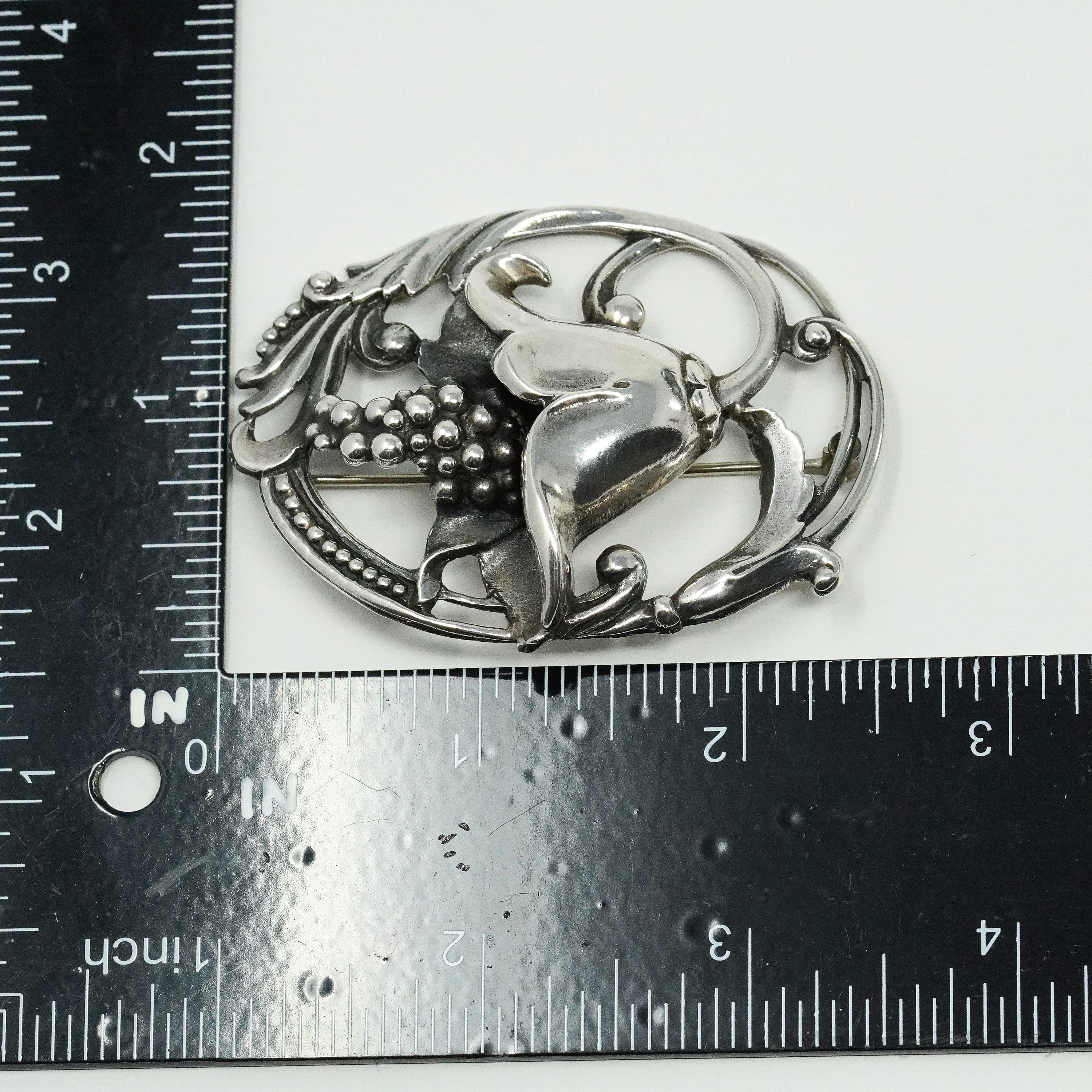 Antique Floral Sterling Silver Brooch Pin 2.5"