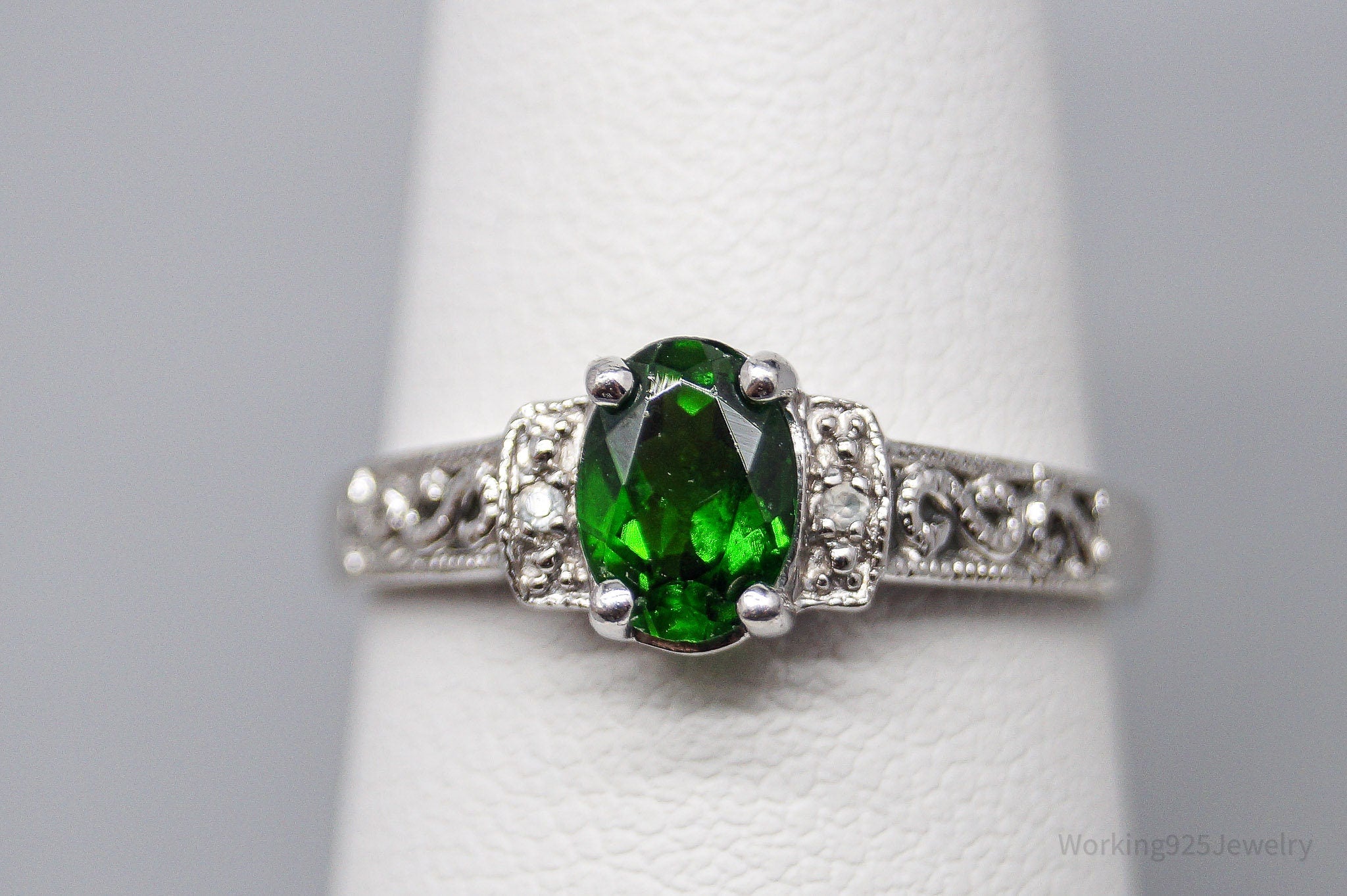 Vintage Green Chrome Diopside White Topaz Sterling Silver Ring - Size 7