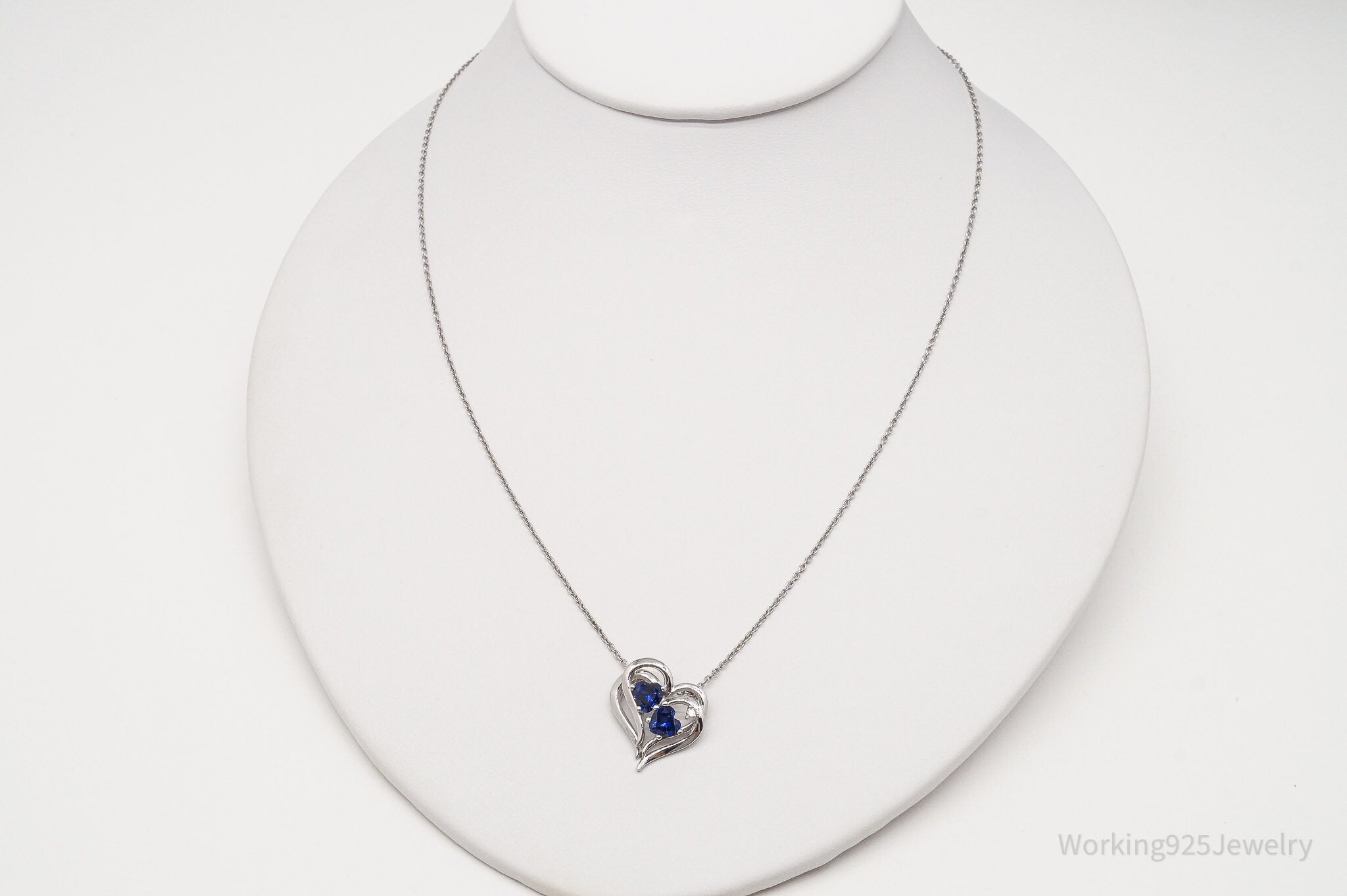 Vintage Lab Sapphire Diamond Heart Sterling Silver Necklace 18"