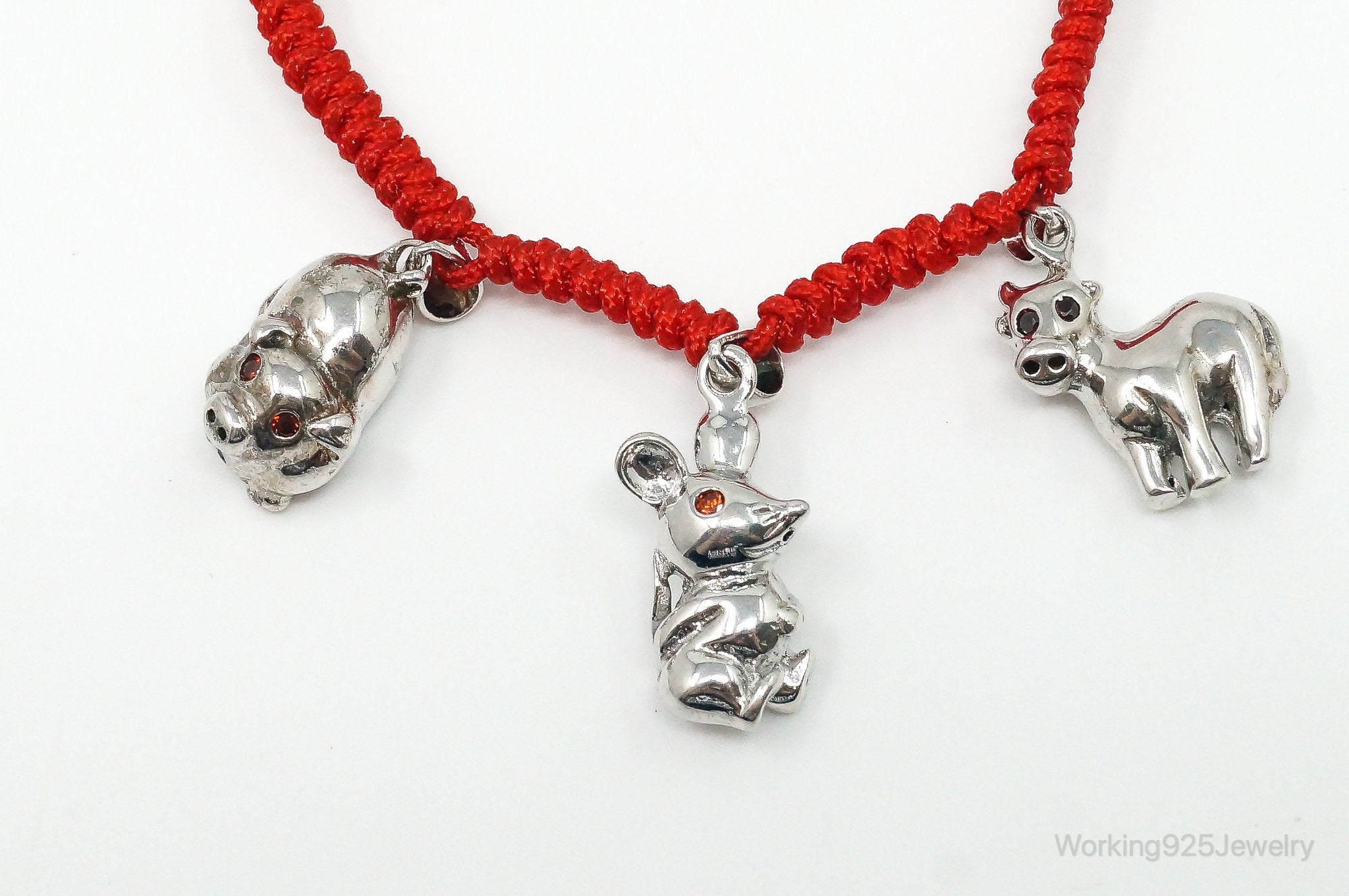 Vintage Animals Garnet Sterling Silver Charms Red Braided Cord Bracelet Adj.