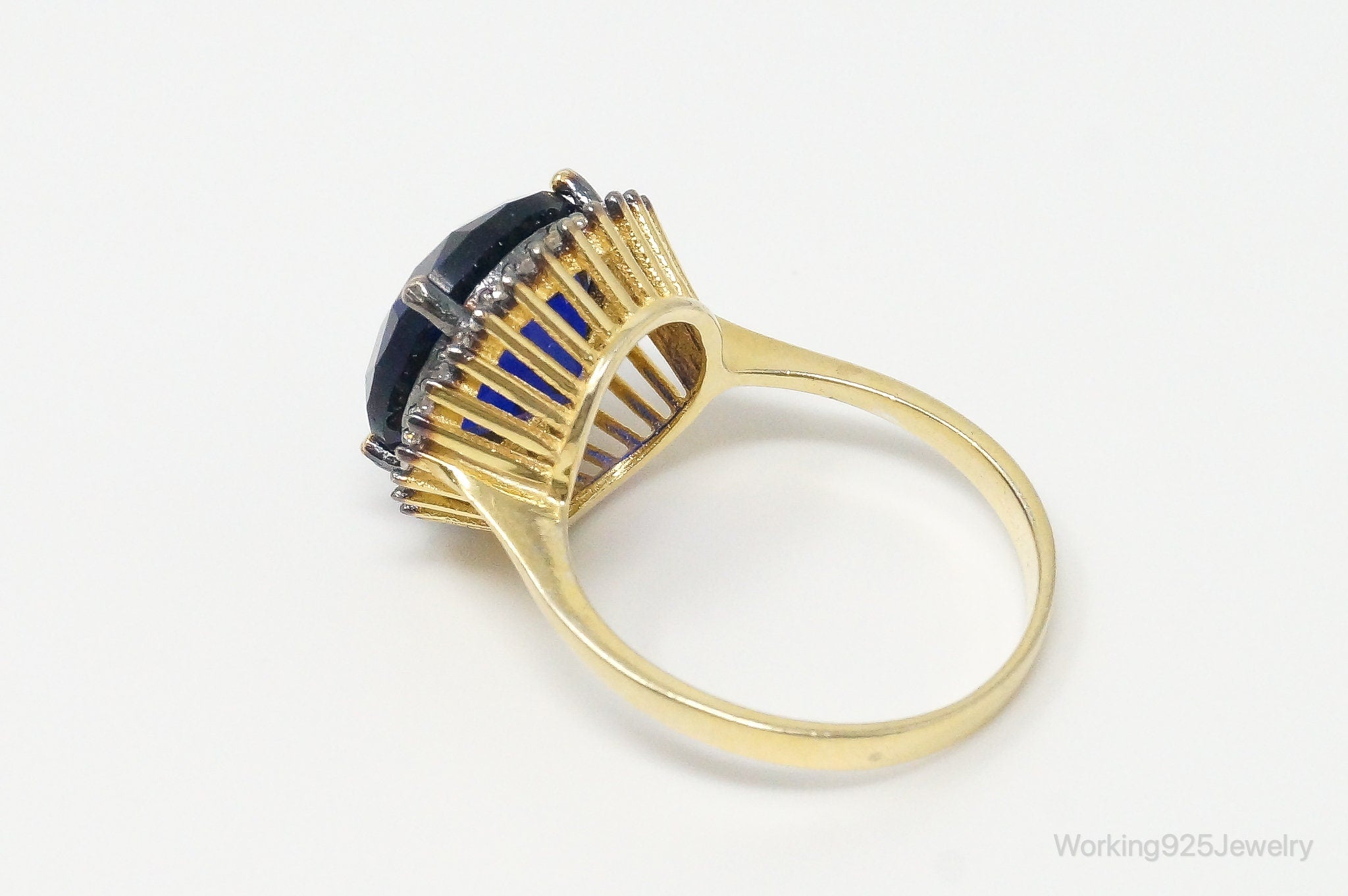 Large Blue Glass Cubic Zirconia Gold Vermeil Sterling Silver Ring - Size 8