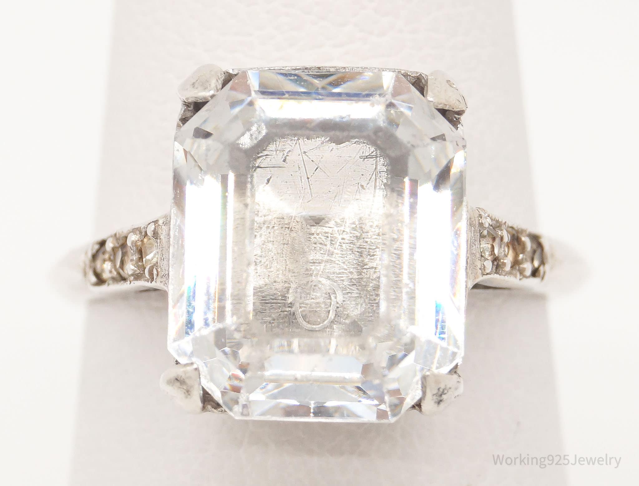 Antique Faux Diamond Glass Sterling Silver Ring - Size 6.75