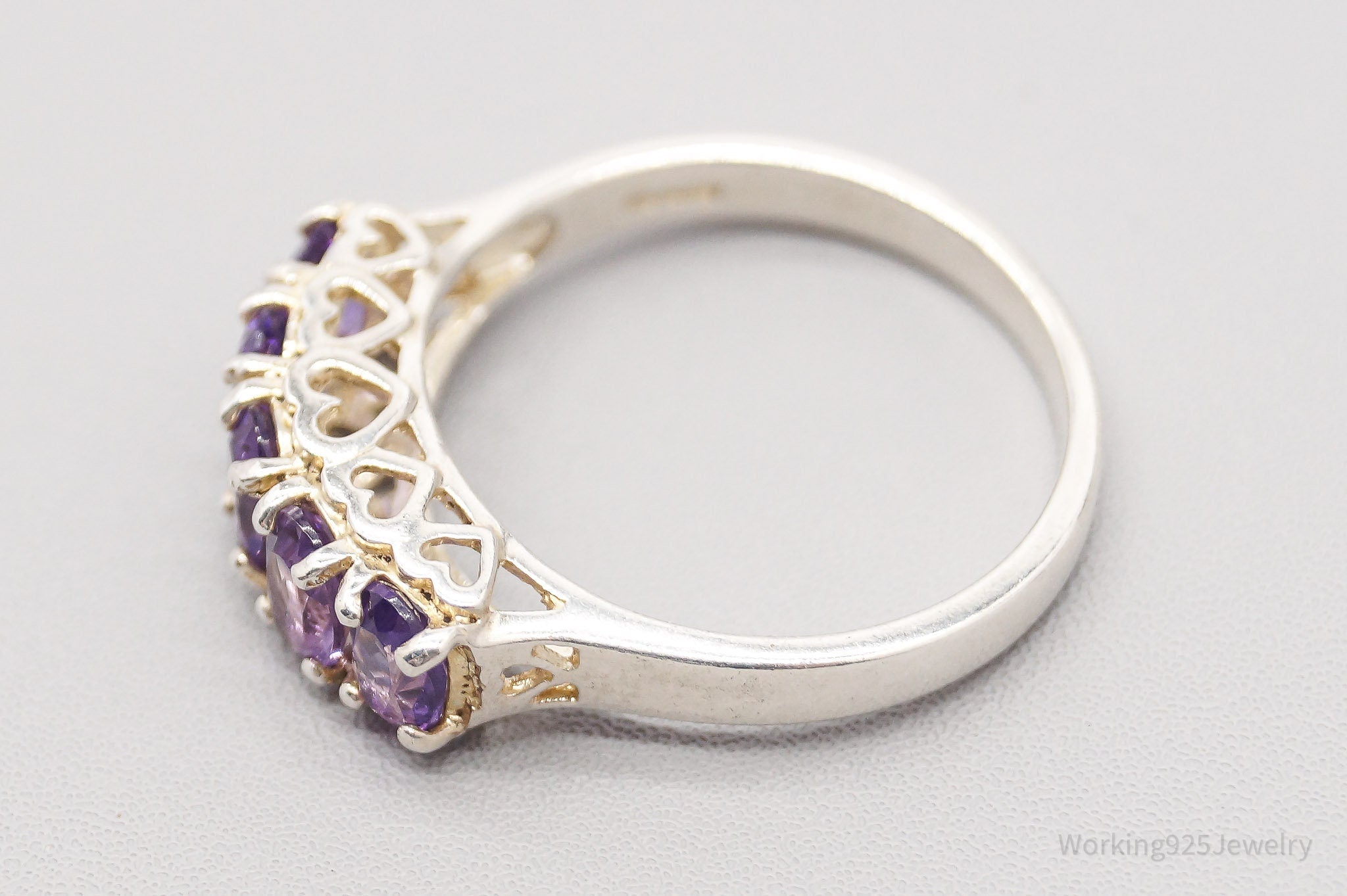 Vintage CNA Amethyst Hearts Designs Sterling Silver Ring - Size 10