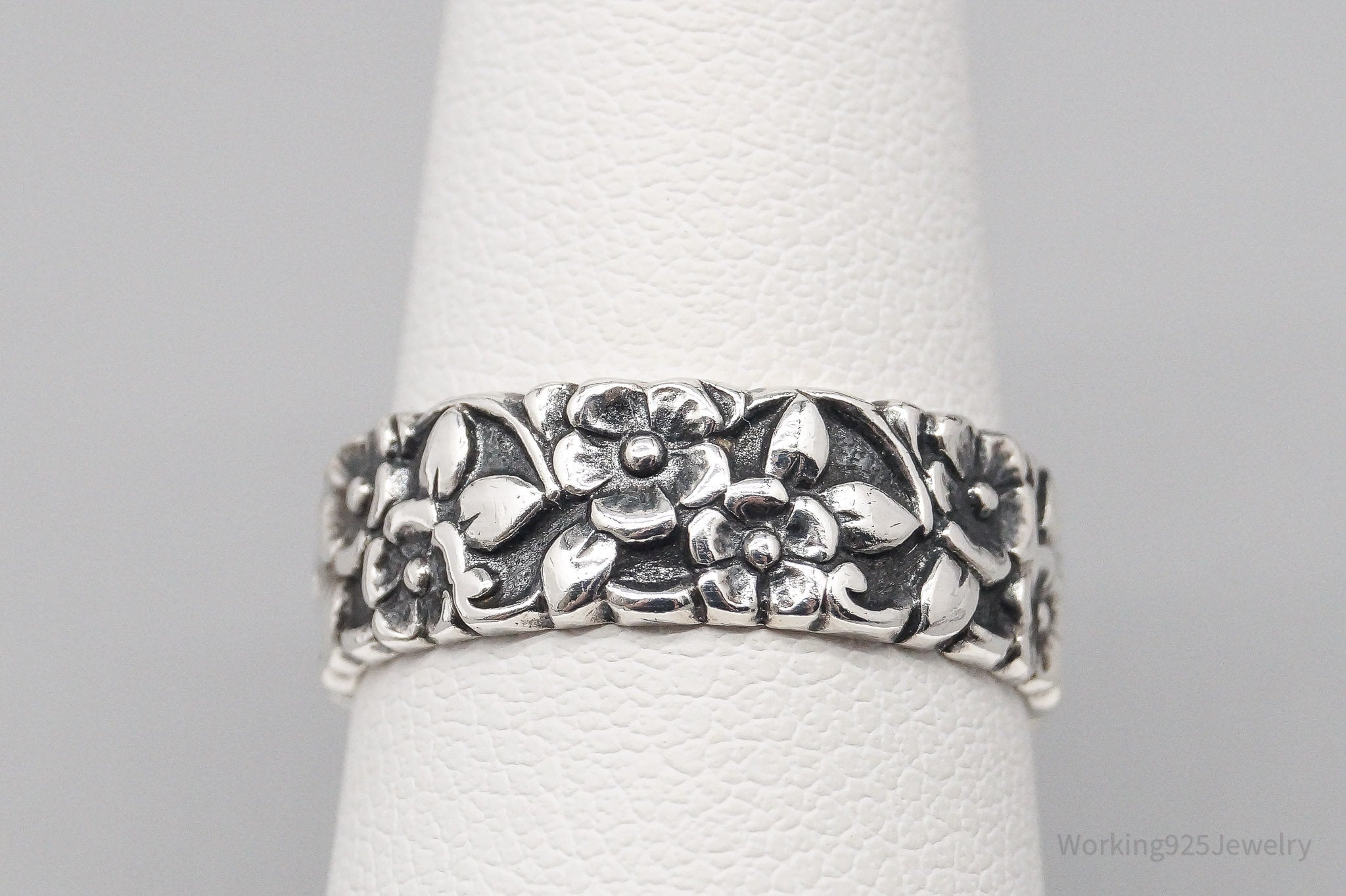 Antique Flowers Sterling Silver Band Ring - Size 7