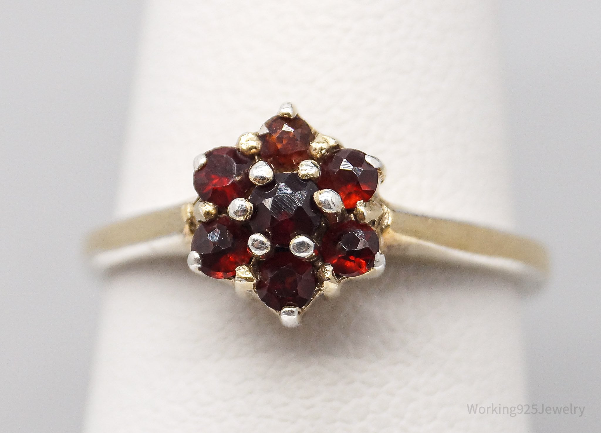 Vintage Bohemian Garnet Flower Gold Wash Sterling Silver Ring - Size 6.75