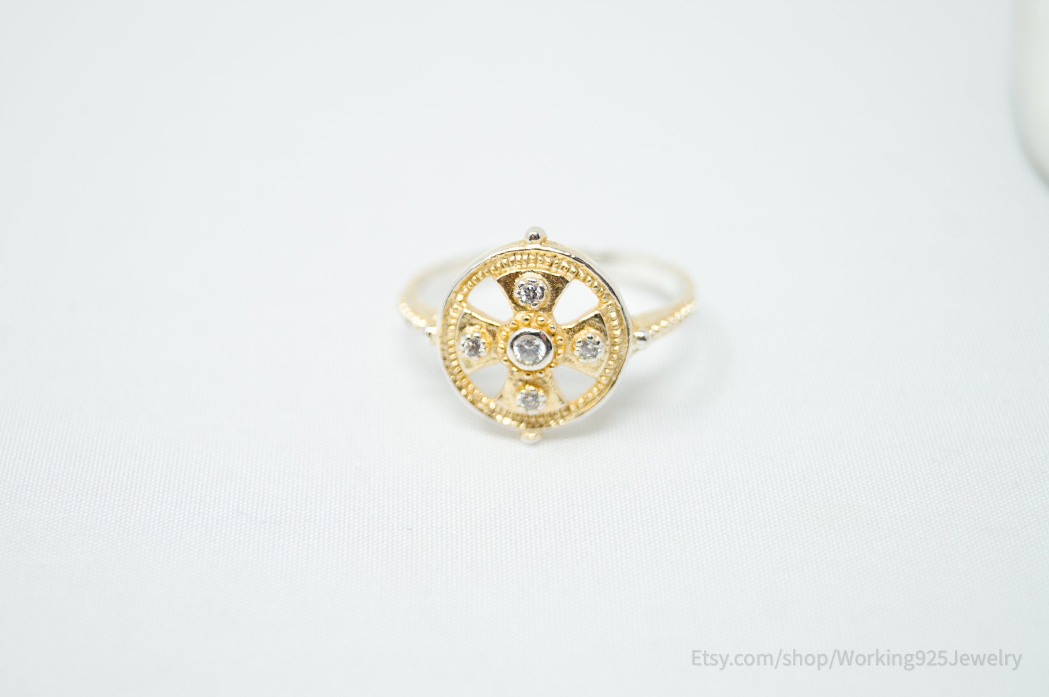 Vintage Deco Gold Vermeil Cubic Zirconia Sterling Silver Ring - Size 6