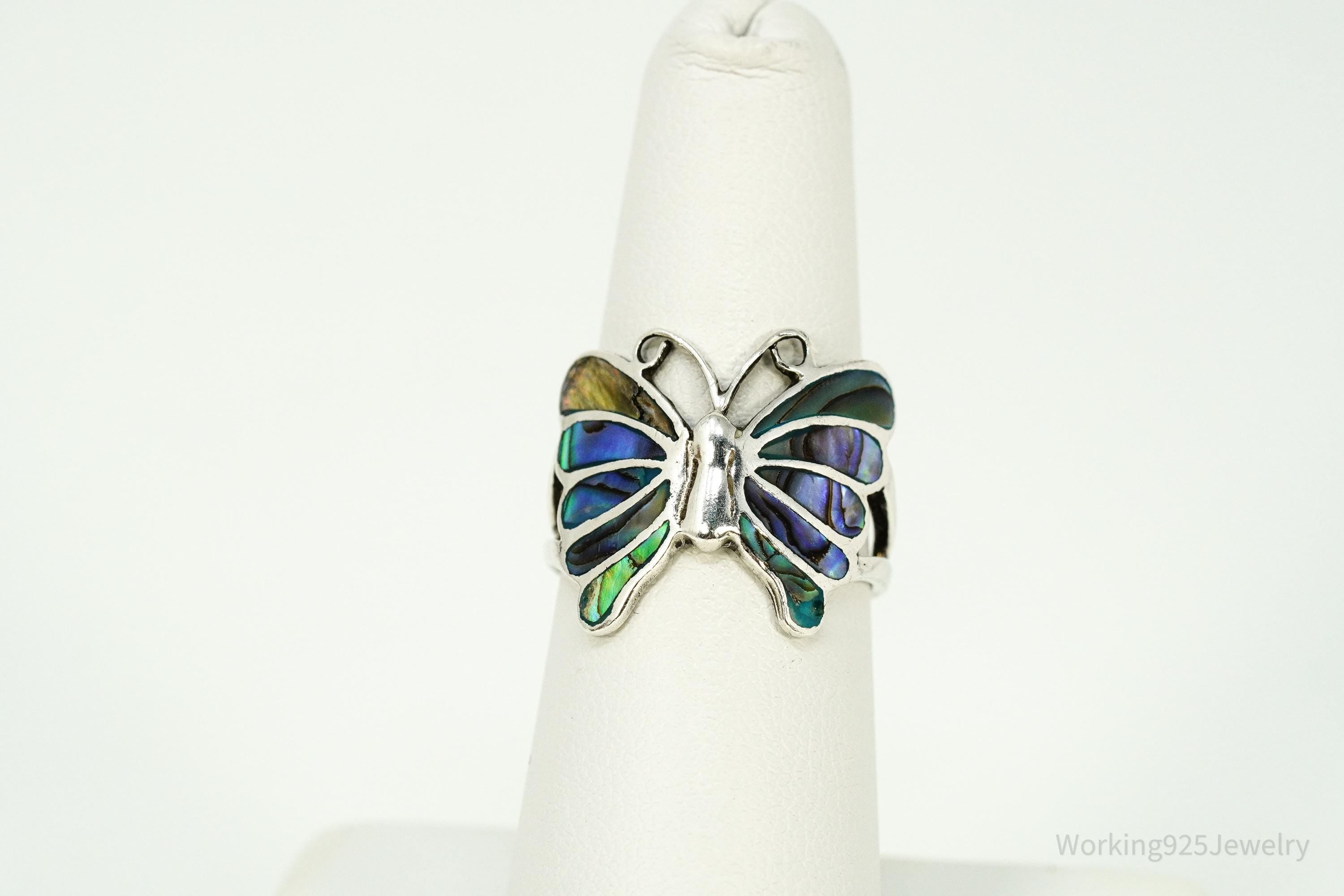 Vintage Abalone Paua Shell Inlay Sterling Silver Butterfly Ring - Size 7