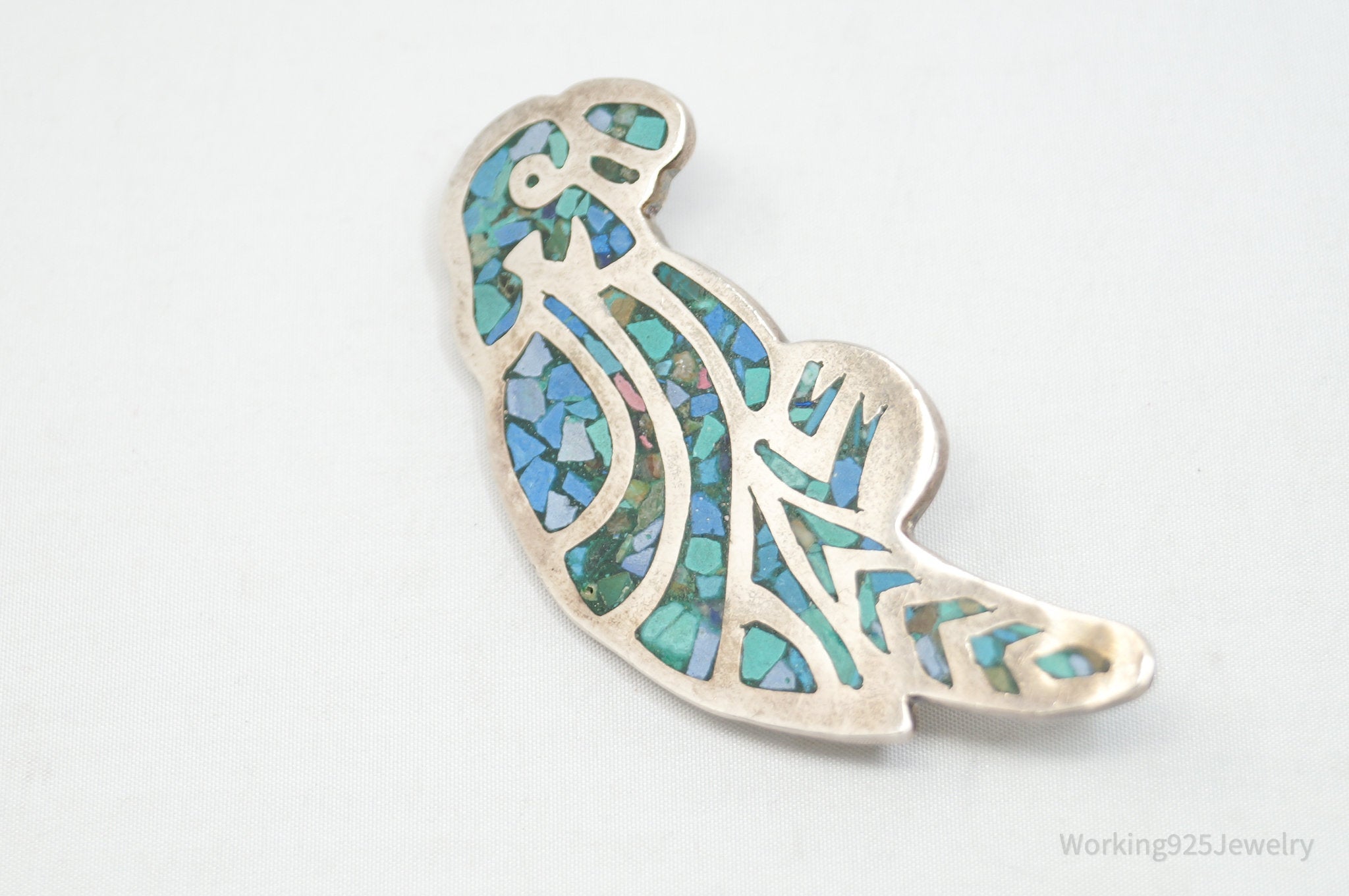 Vintage Mexican Turquoise Mosaic Inlay Parrot Sterling Silver Brooch Pin