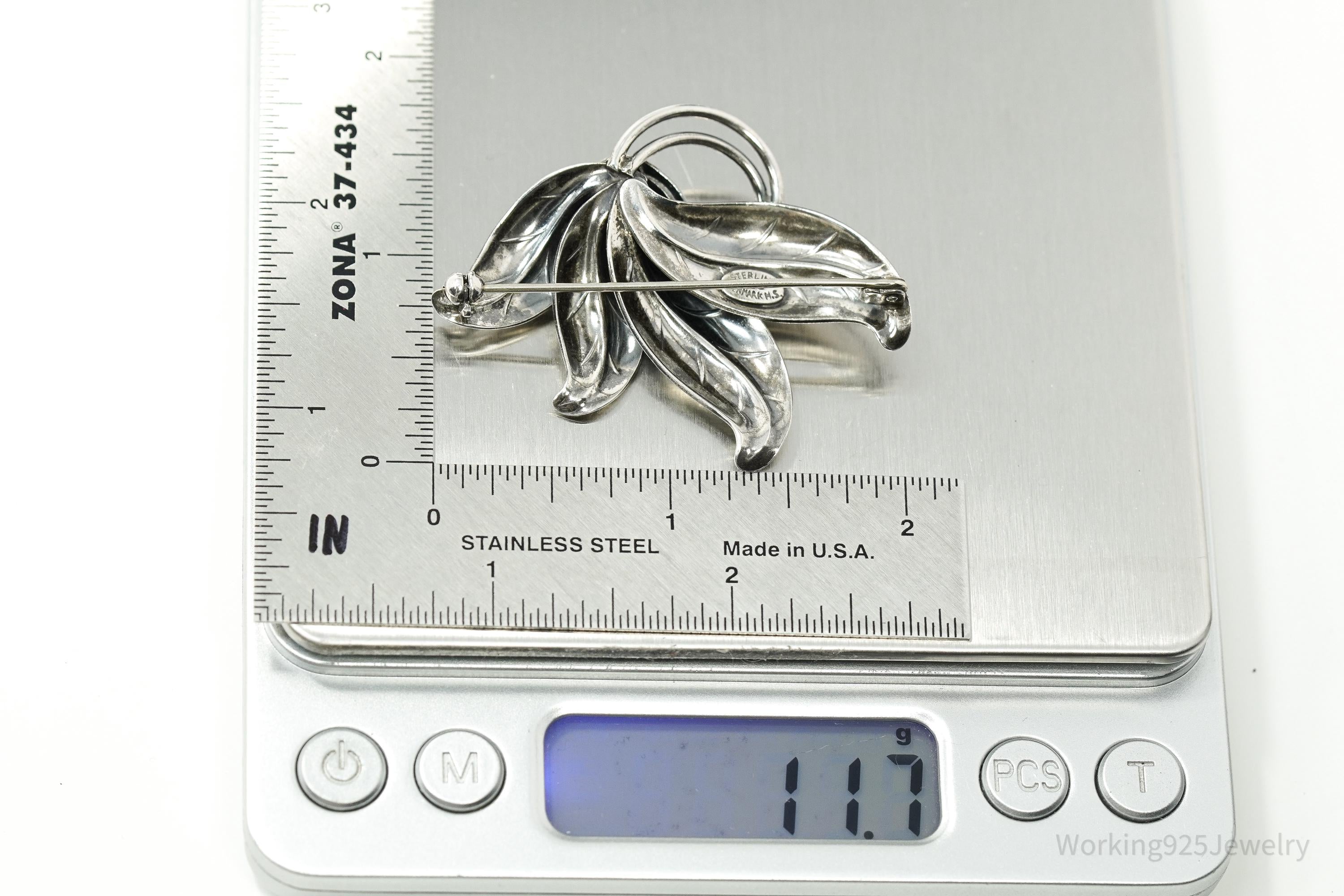 Large Vintage Denmark Hermann Siersbol Modernist Floral Sterling Silver Pin Brooch