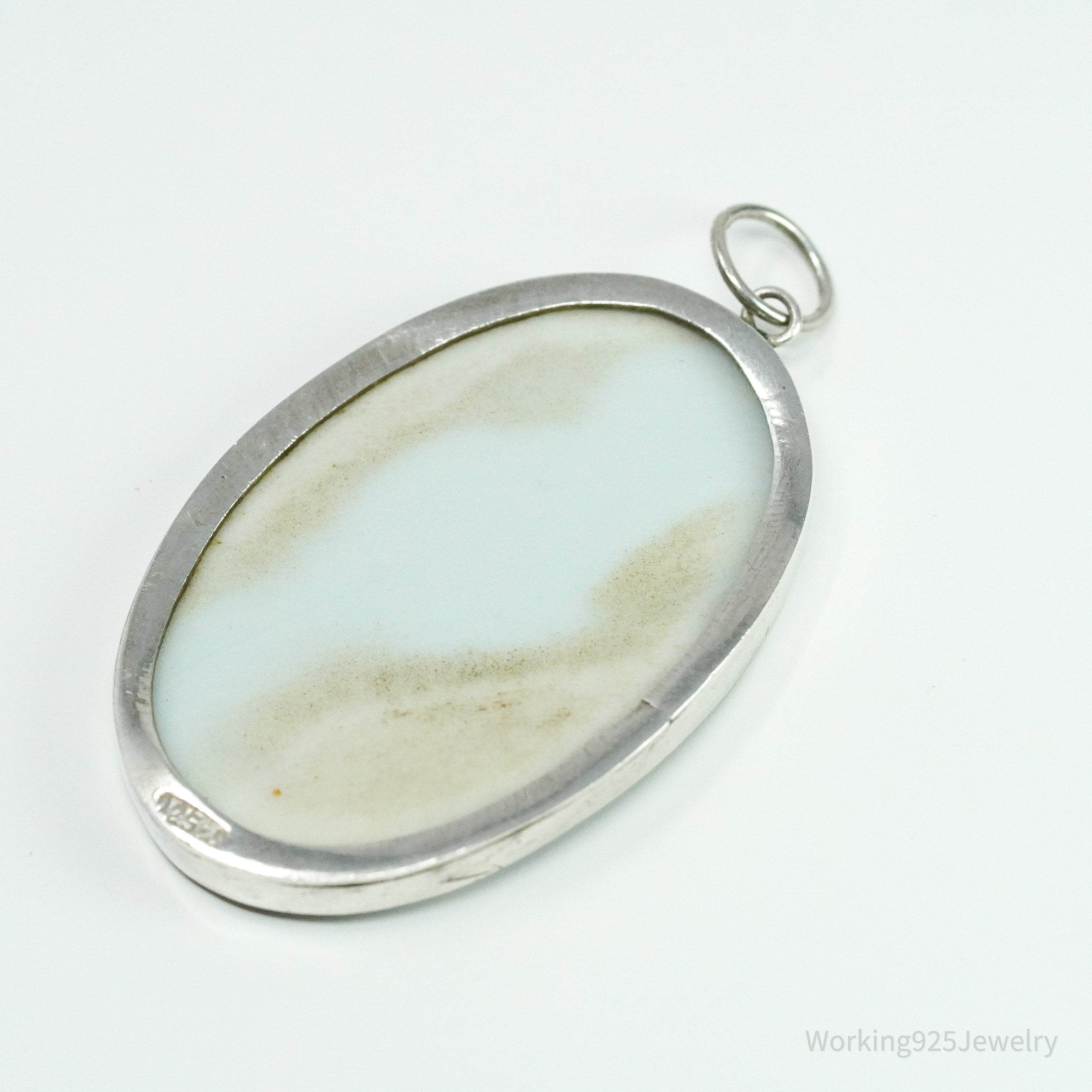 Vintage White Blue Ming Porcelain Sterling Silver Pendant