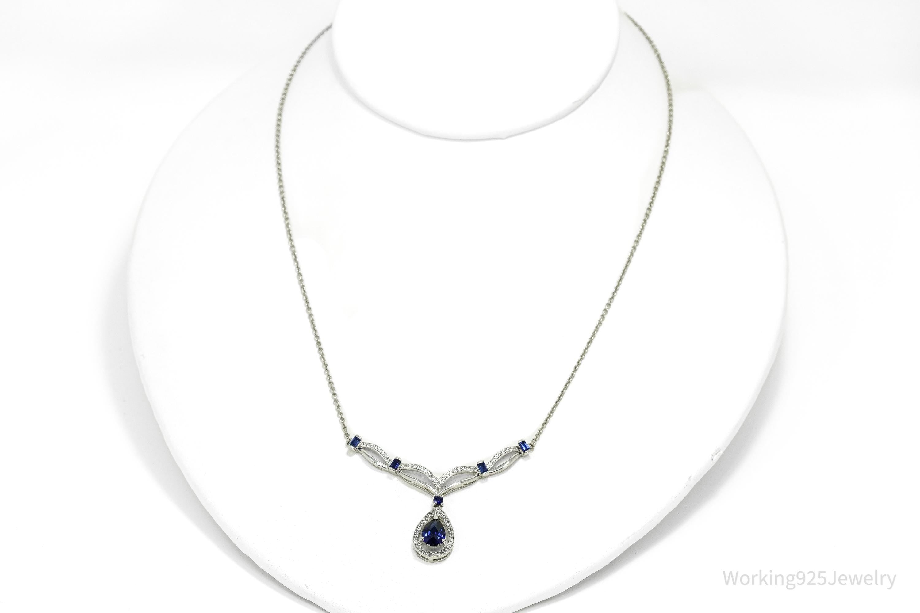 Vintage Blue & White Sapphire Sterling Silver Necklace 15"
