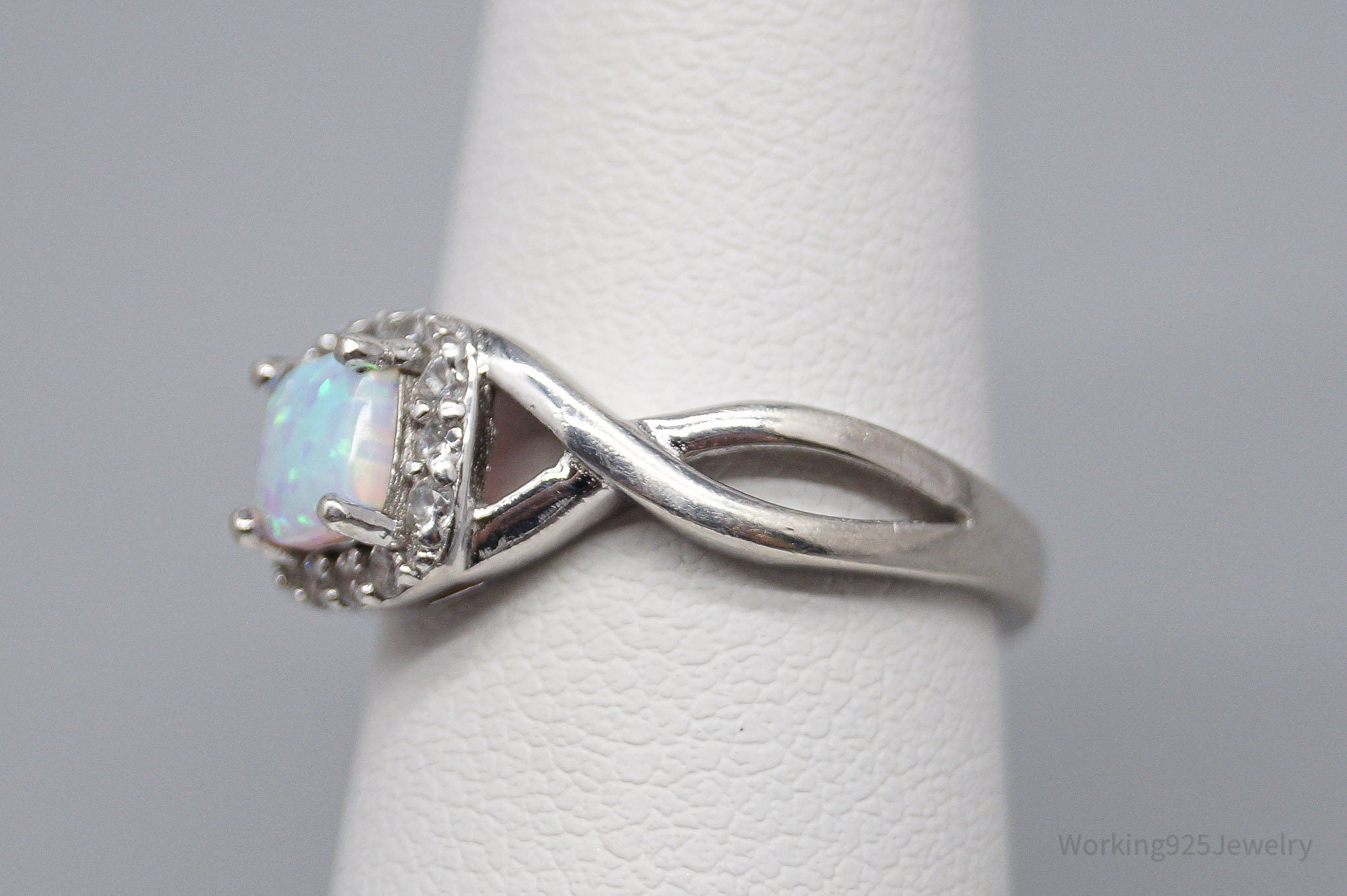 Vintage Opal Cubic Zirconia Sterling Silver Ring - Size 6