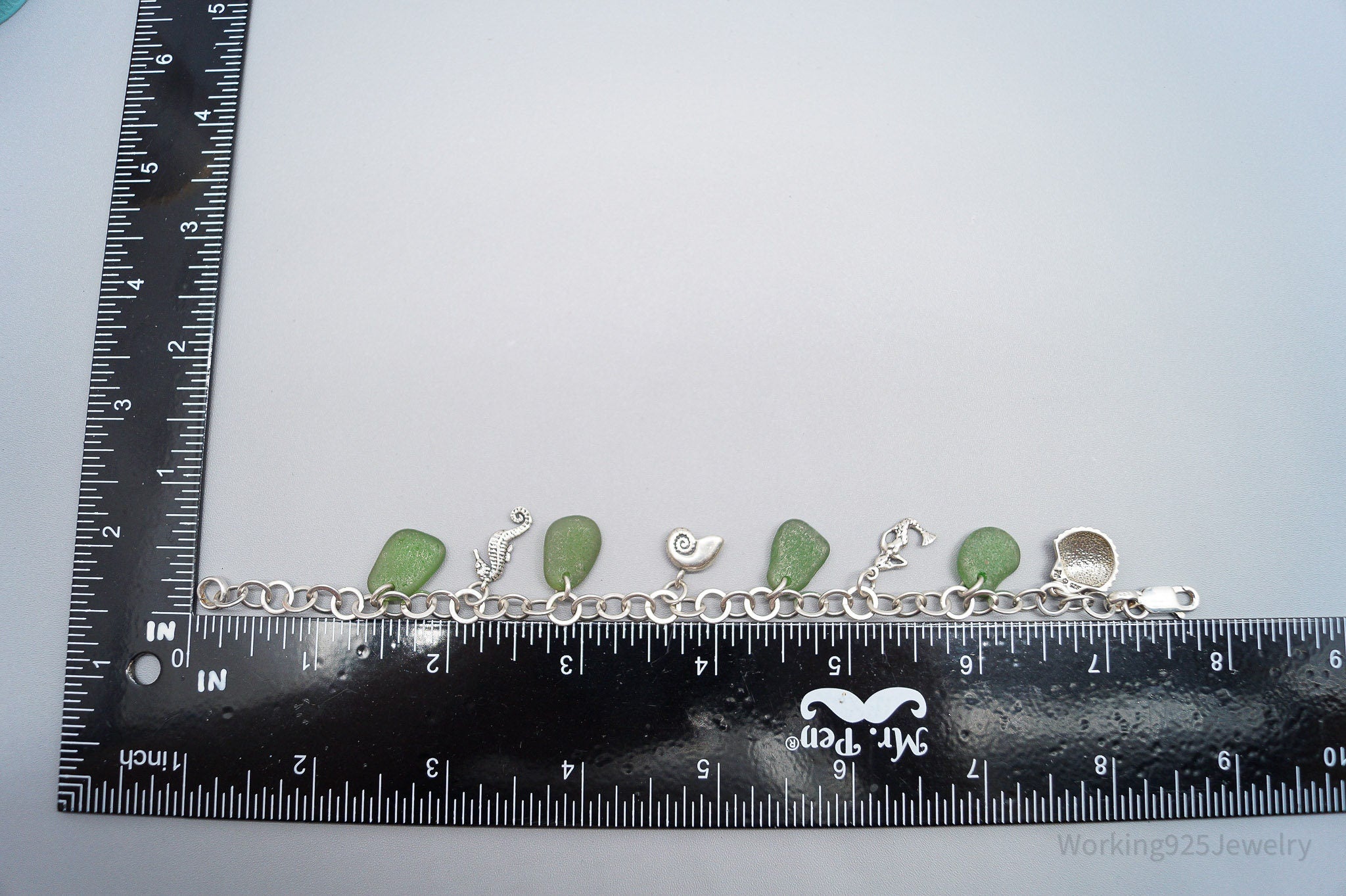 Vintage Ocean & Green Sea Glass Charms Sterling Silver Bracelet - 7.75"