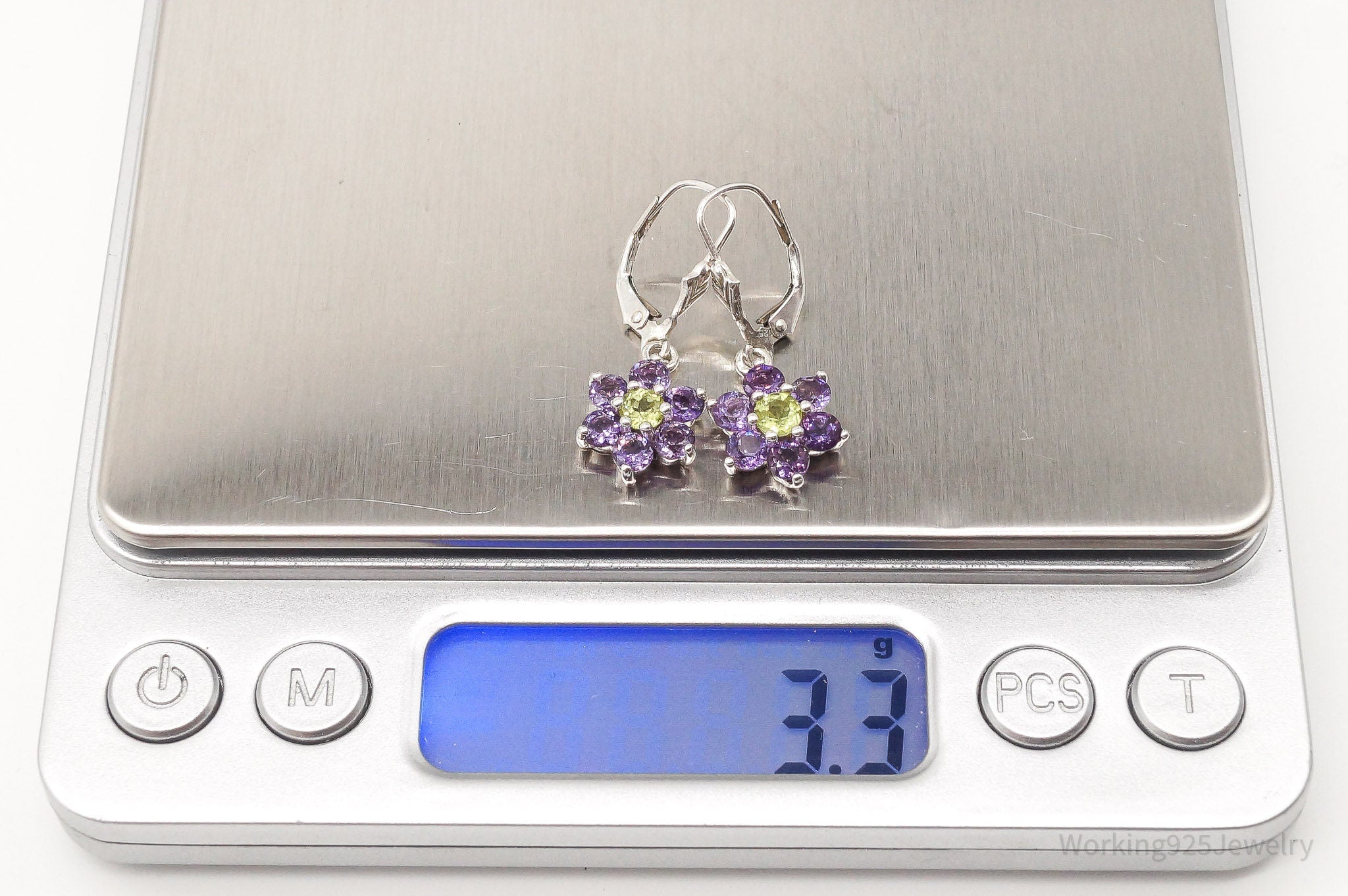 Vintage Peridot Amethyst Flowers Sterling Silver Earrings