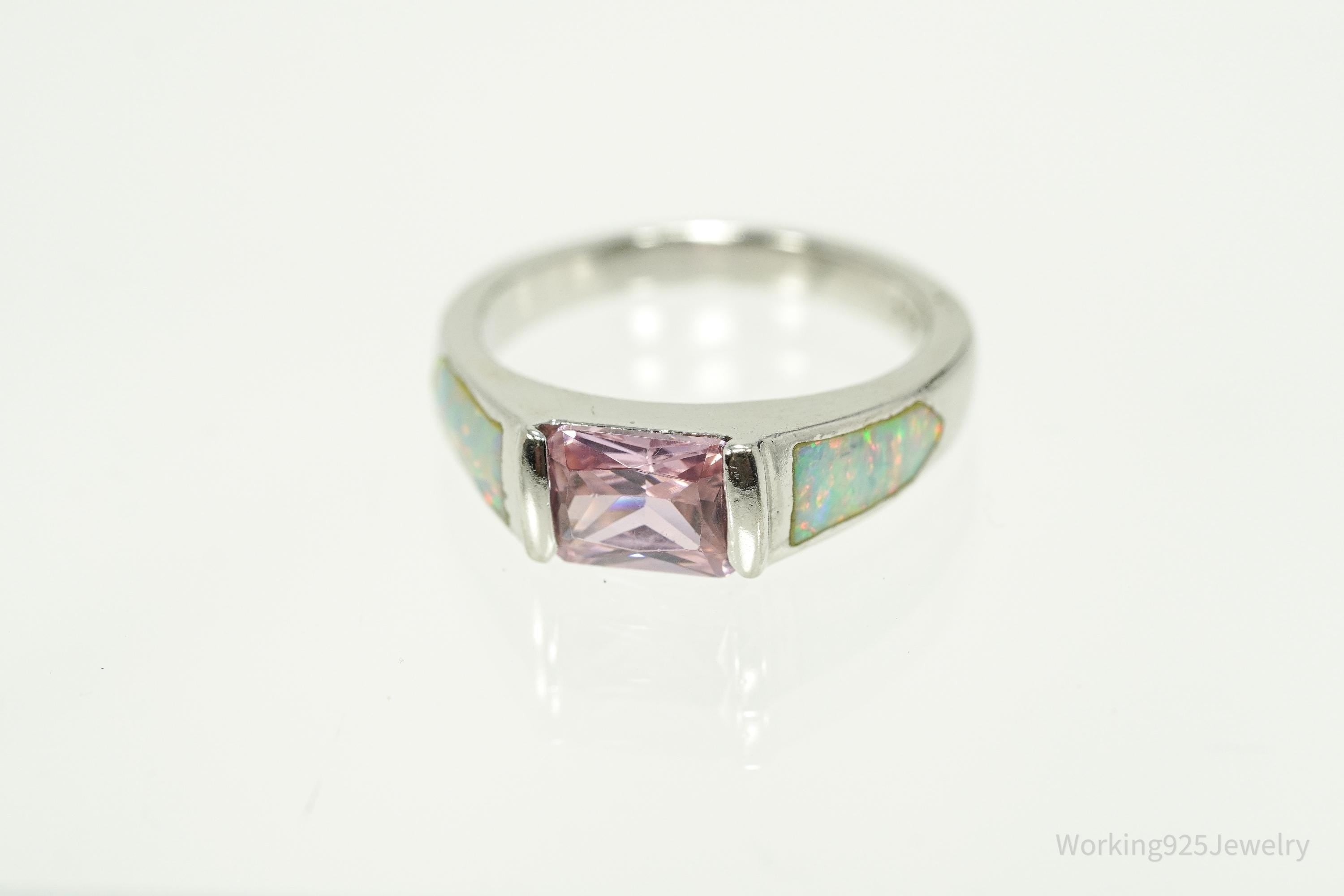 Vintage Opal & Pink Topaz Sterling Silver Ring Size 7