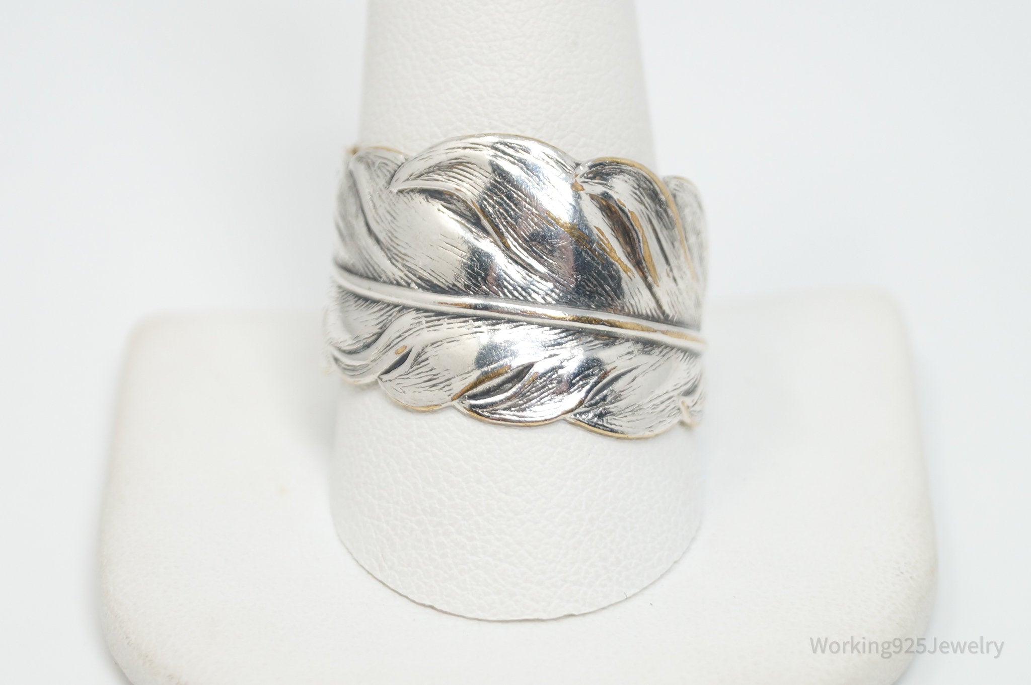 Vintage Large Feather Wrap Silver Plated Ring - Sz 11.25