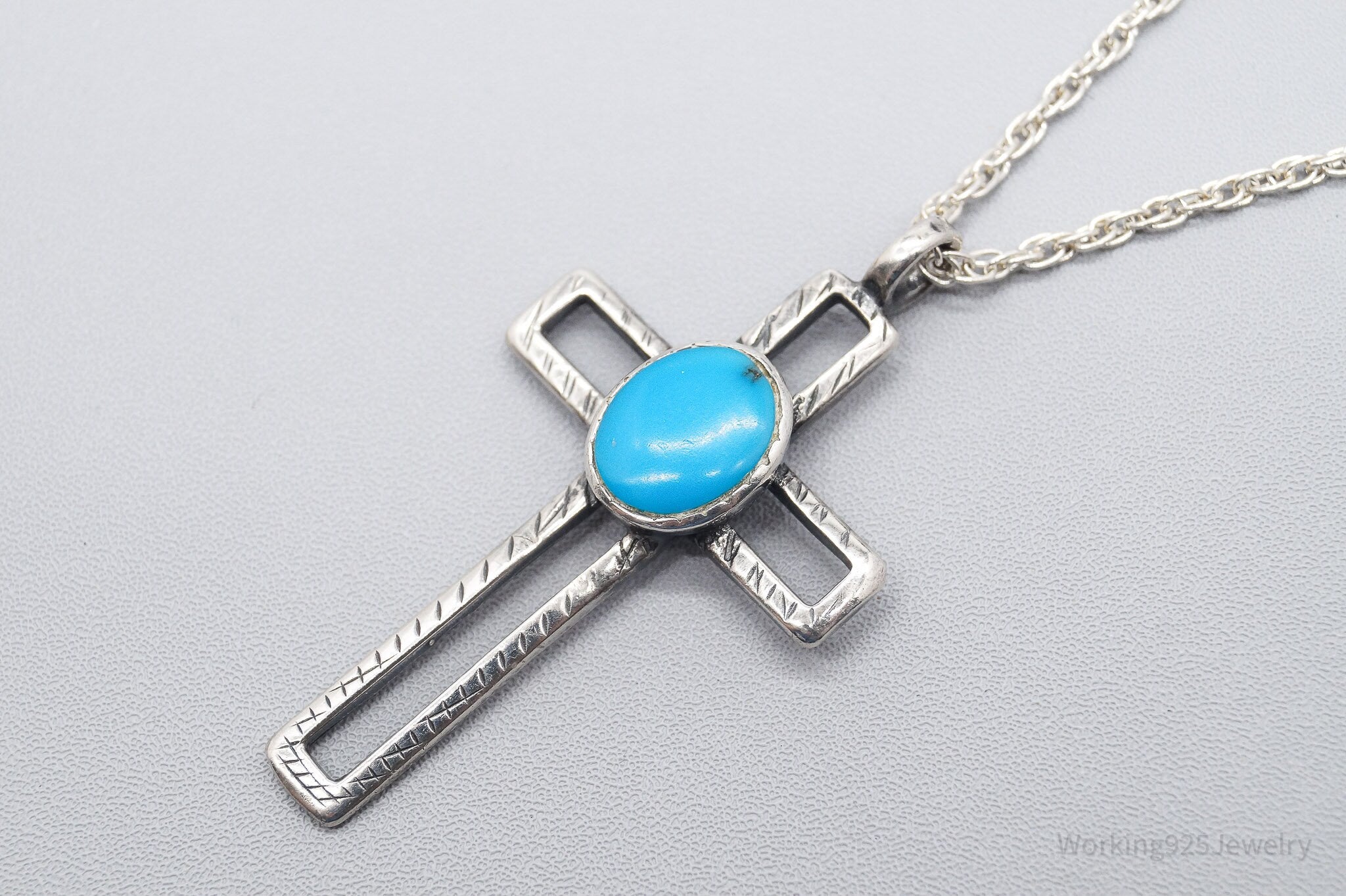 Vintage Western Turquoise Cross Sterling Silver Necklace 20"