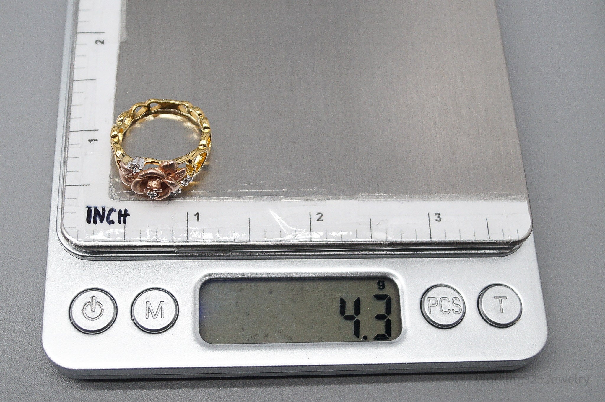 RARE VTG Franklin Mint Diamond & White Sapphires Gold Over Sterling Silver Ring SZ 7