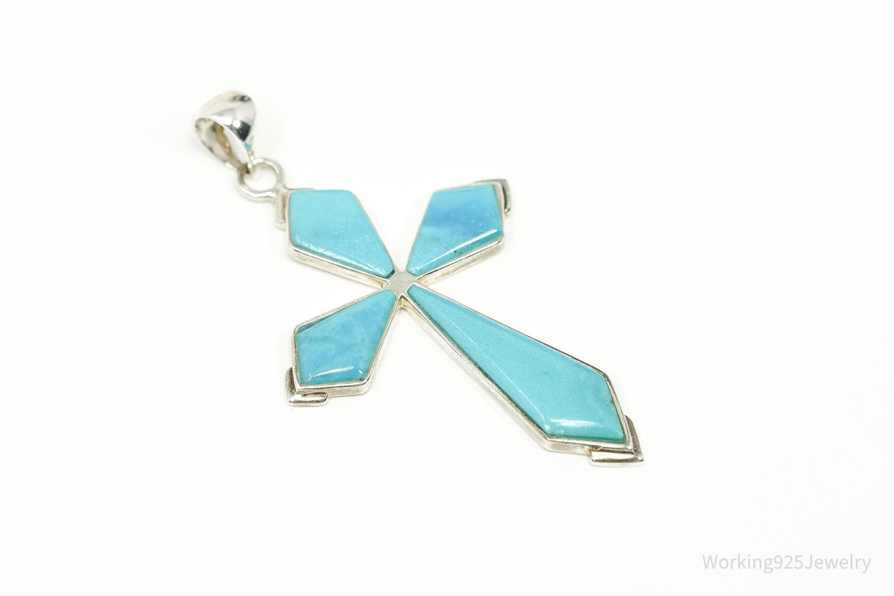 Large Vintage SX Designer Turquoise Inlay Cross Sterling Silver Pendant 3"