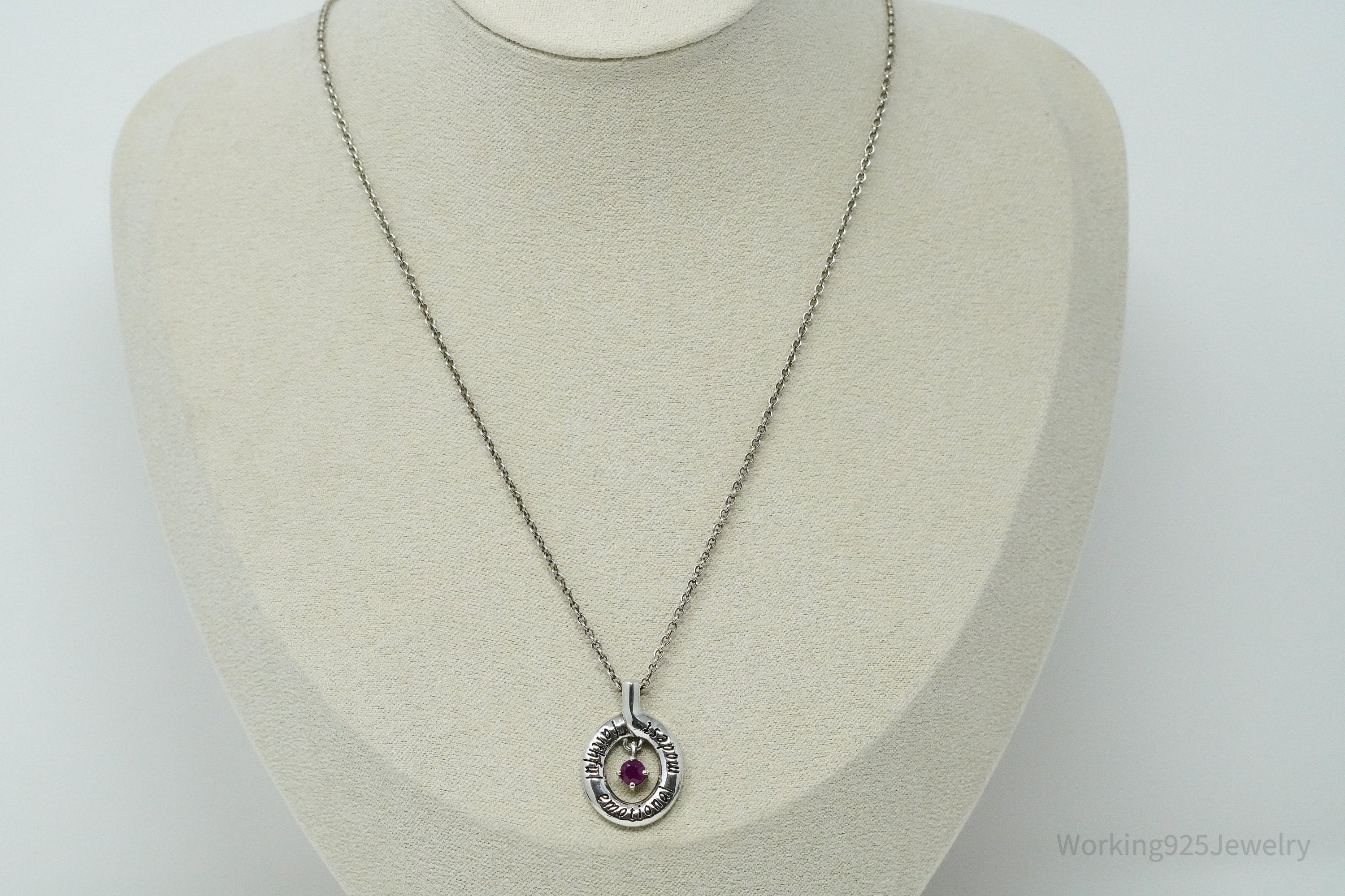 Vintage "Faithful Emotional Modest" Ruby Sterling Silver Necklace 18"