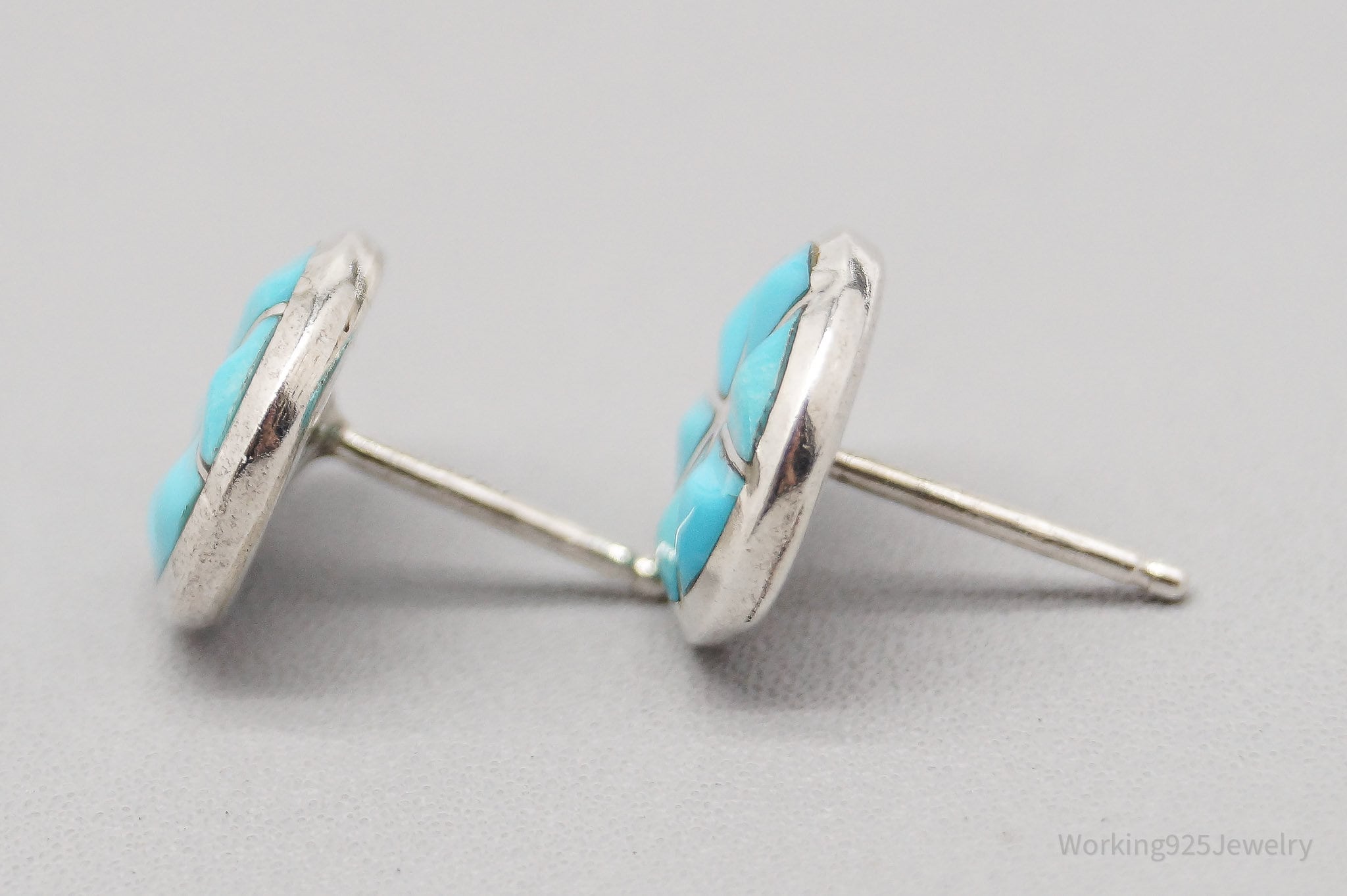 Vintage Native American Turquoise Inlay Sterling Silver Earrings