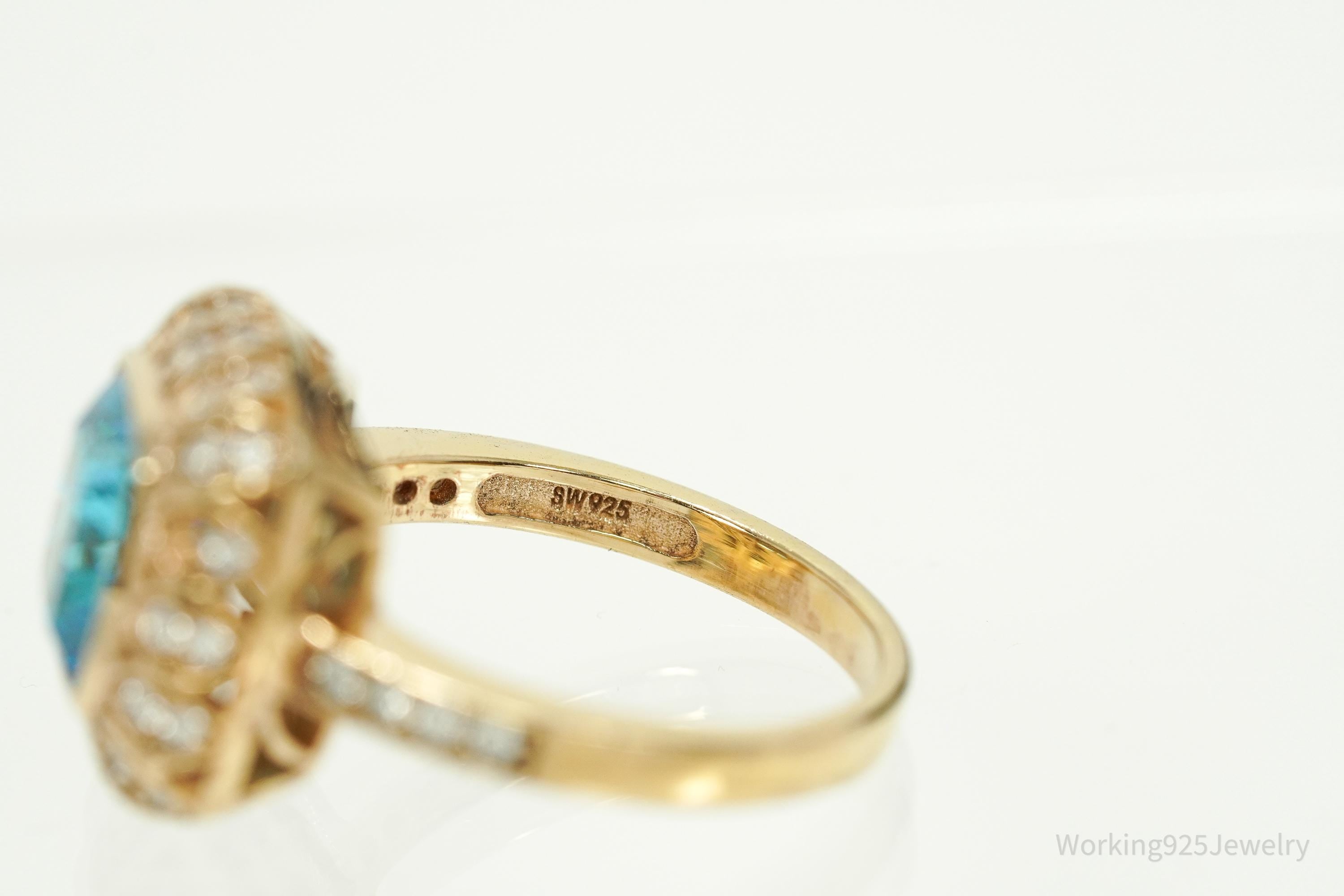 Vintage Blue Tourmaline & Cubic Zirconia Gold Vermeil Sterling Silver Ring - Size 7.25