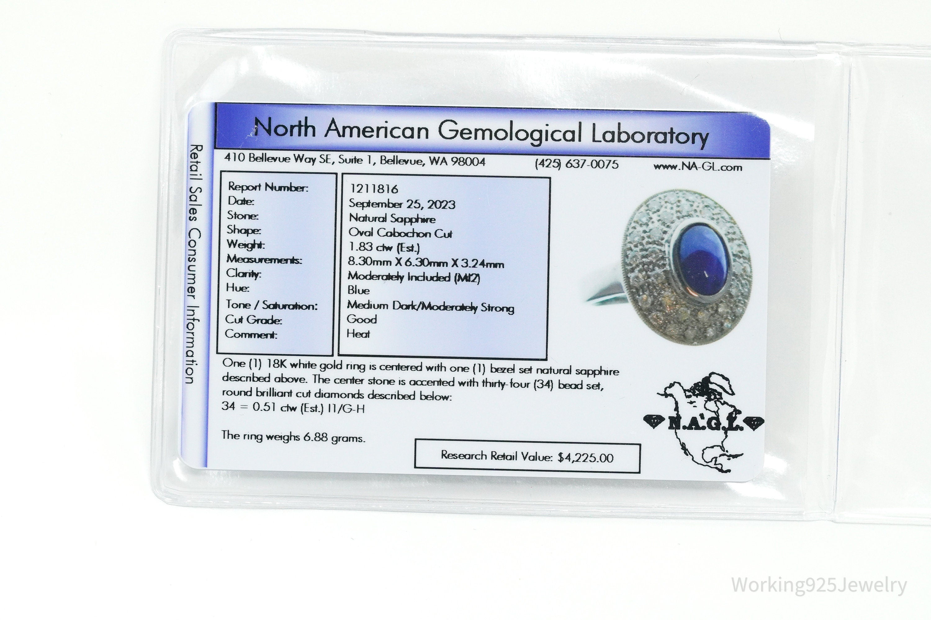 18K White Gold & Natural Sapphire with Diamond Bezel Set Ring - Size 4