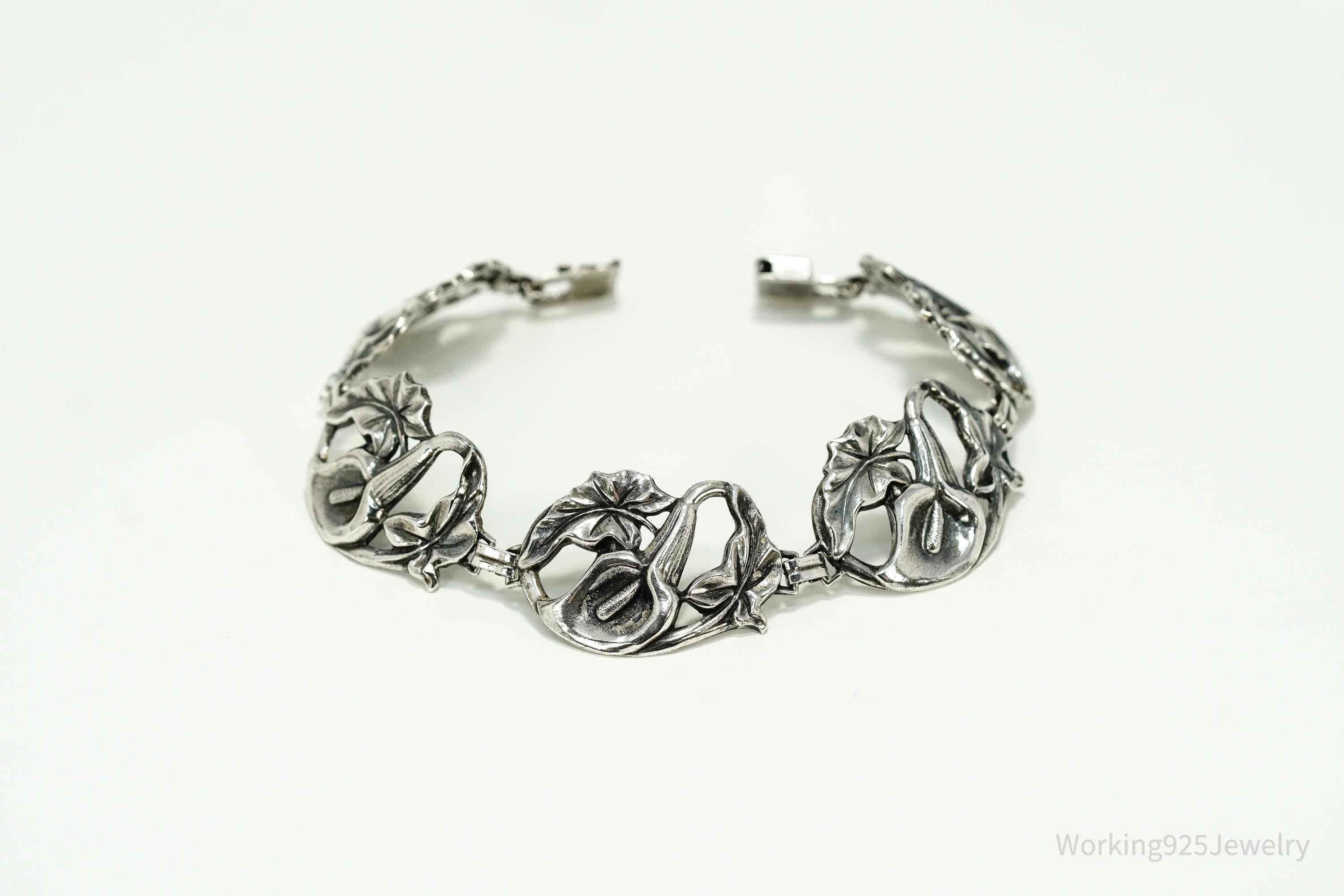 Antique Calla Lilly Floral Sterling Silver Bracelet 7 7/8"