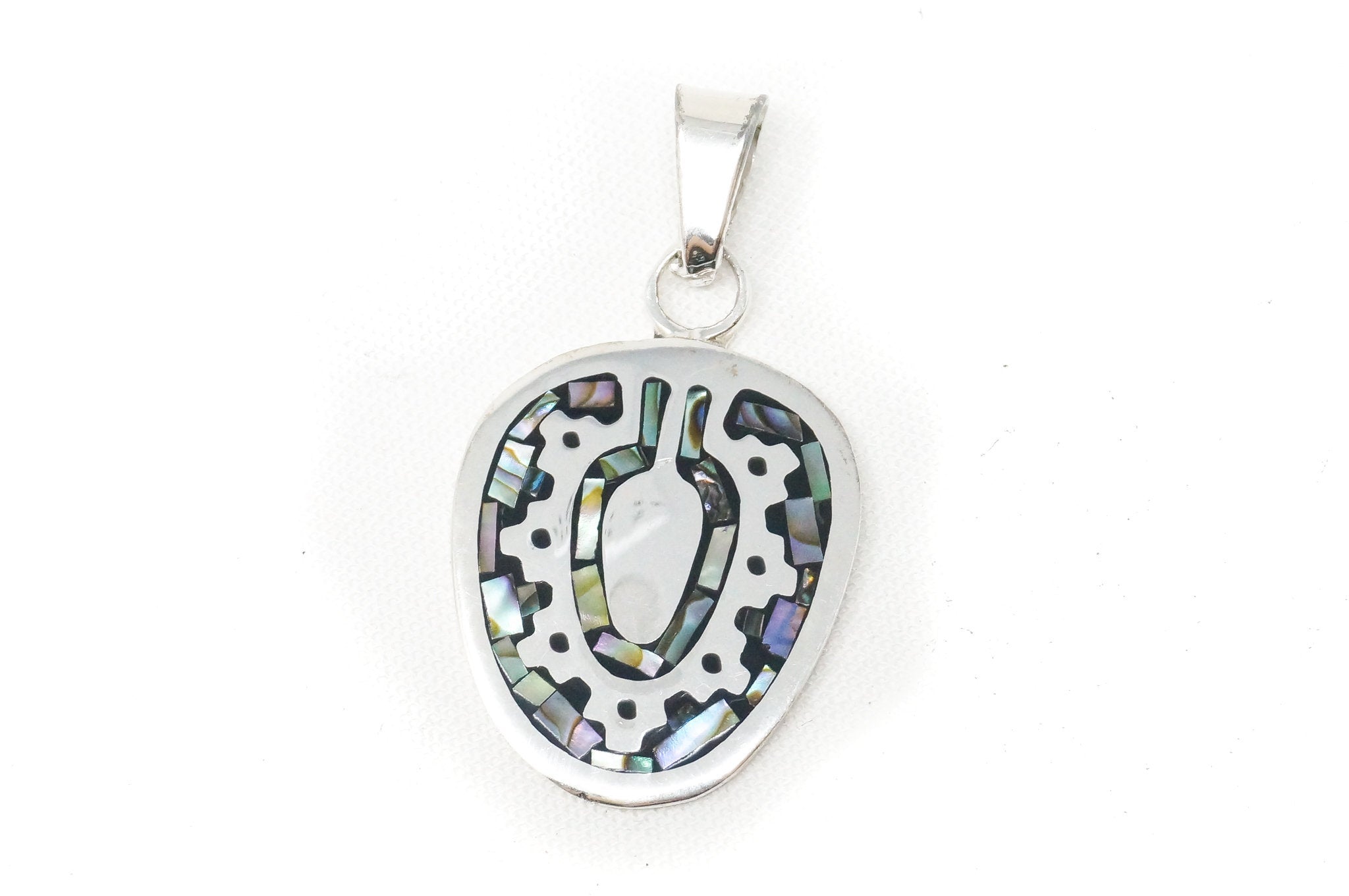 Vintage Taxco Mexico Abalone Aztec Style Sterling Silver Necklace Pendant