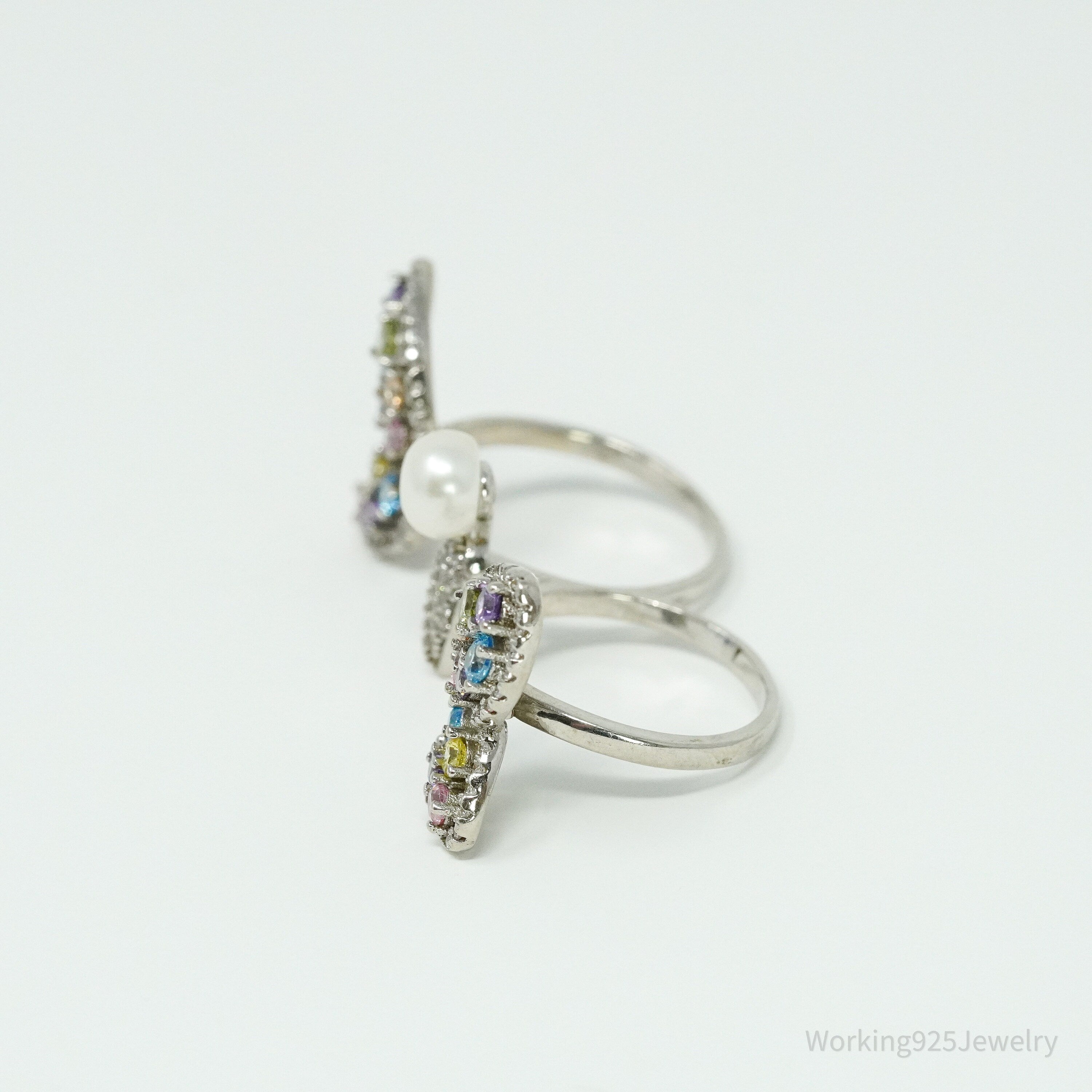 FZN Pearl & Multi Color Cubic Zirconia Butterfly Sterling Silver Ring - Size 7