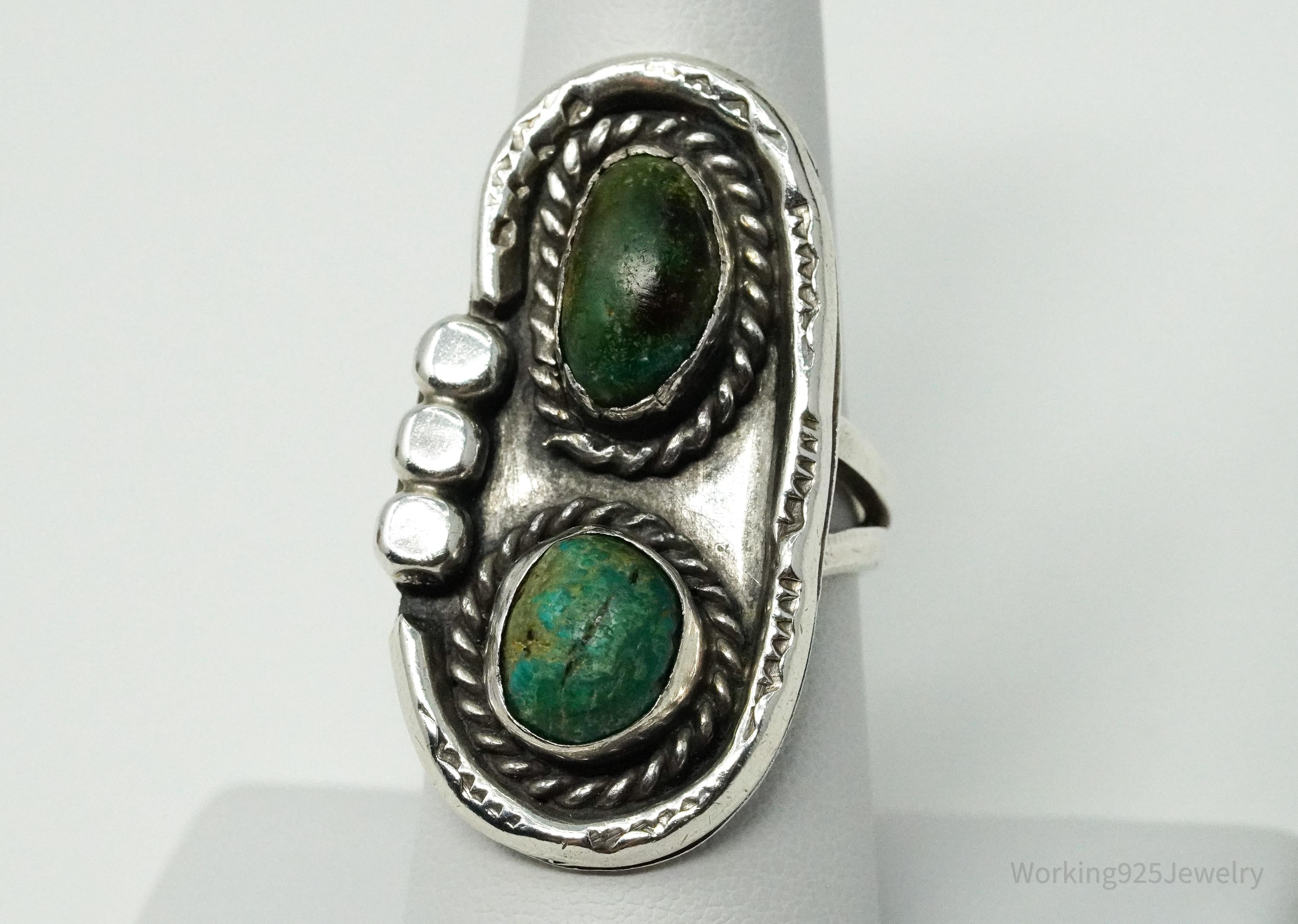 Vintage Handmade Native American Turquoise Unsigned Silver Ring - Size 7.75