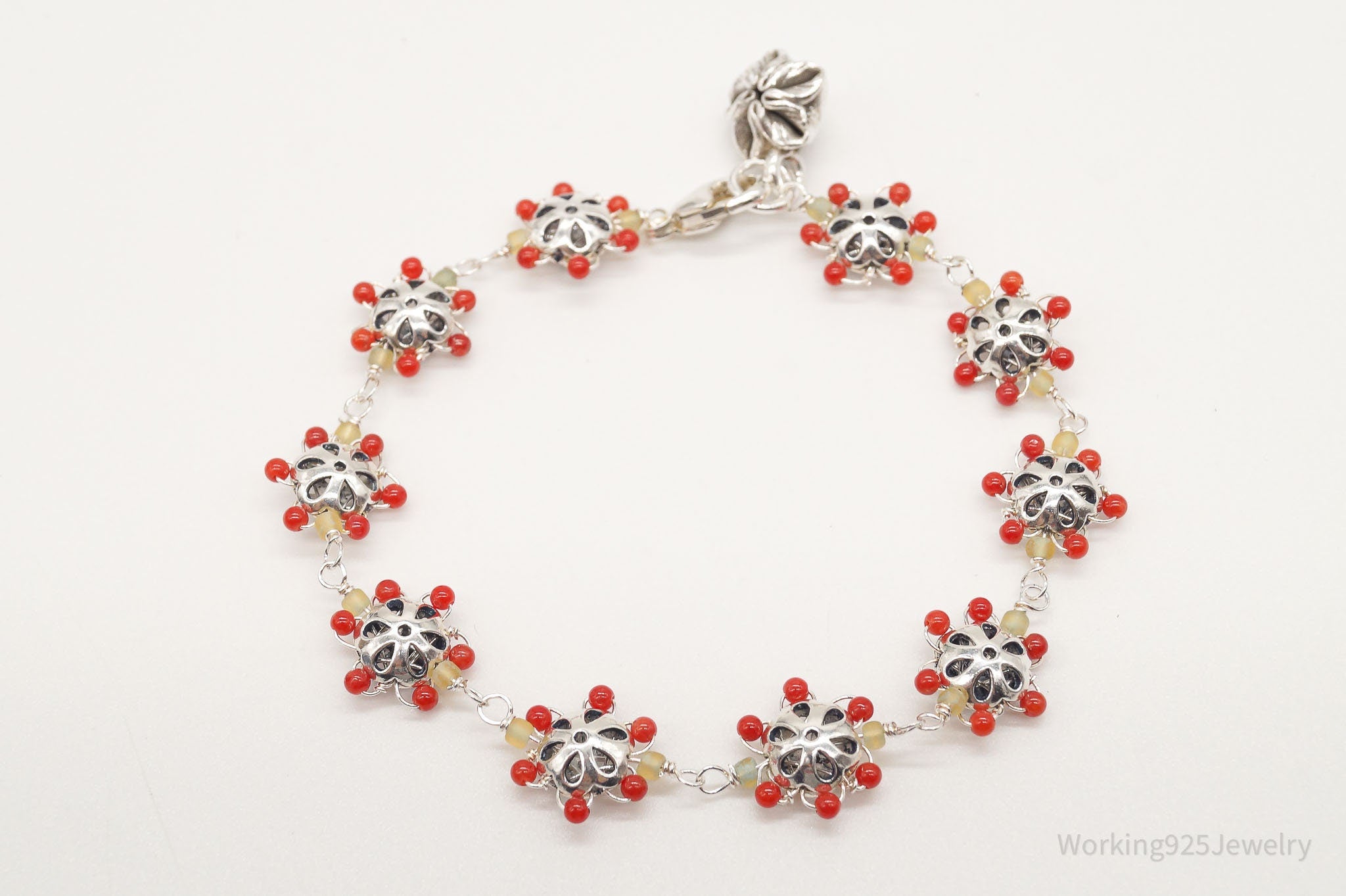 Vintage Intricate Glass Beads Flowers Sterling Silver Bracelet