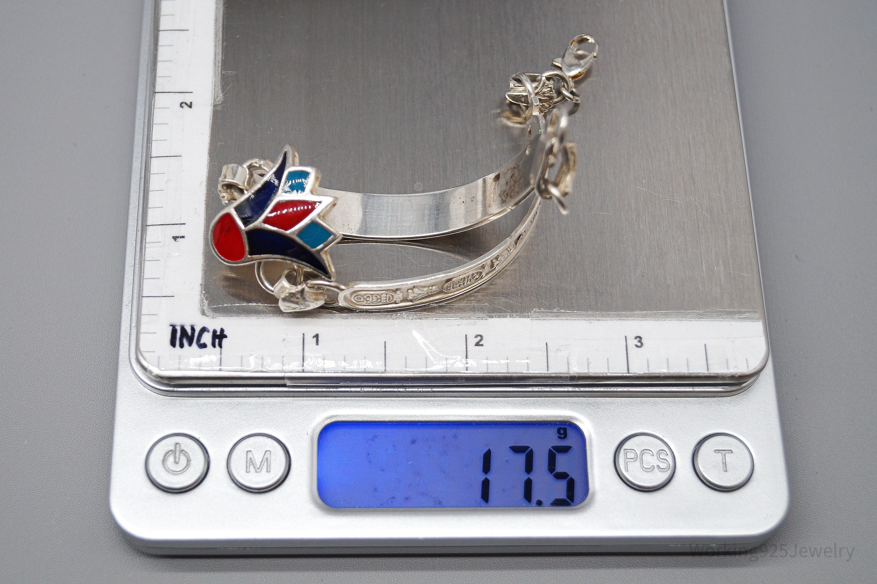 Vintage Egyptian Enamel Lotus & Cartouche Silver Bracelet - 7.25"