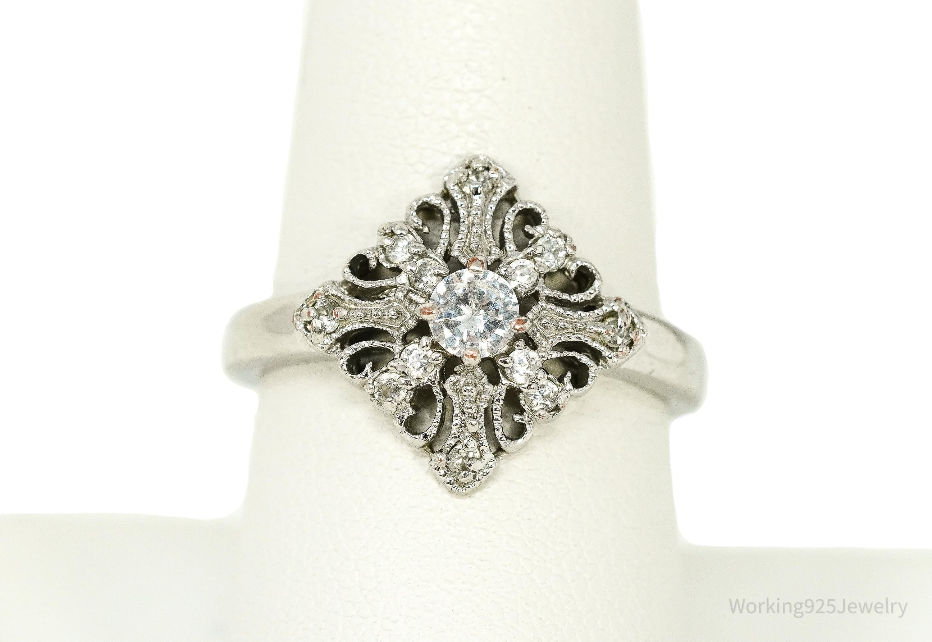 Vintage Faux Diamond Sterling Silver Plated Ring - Size 8.25