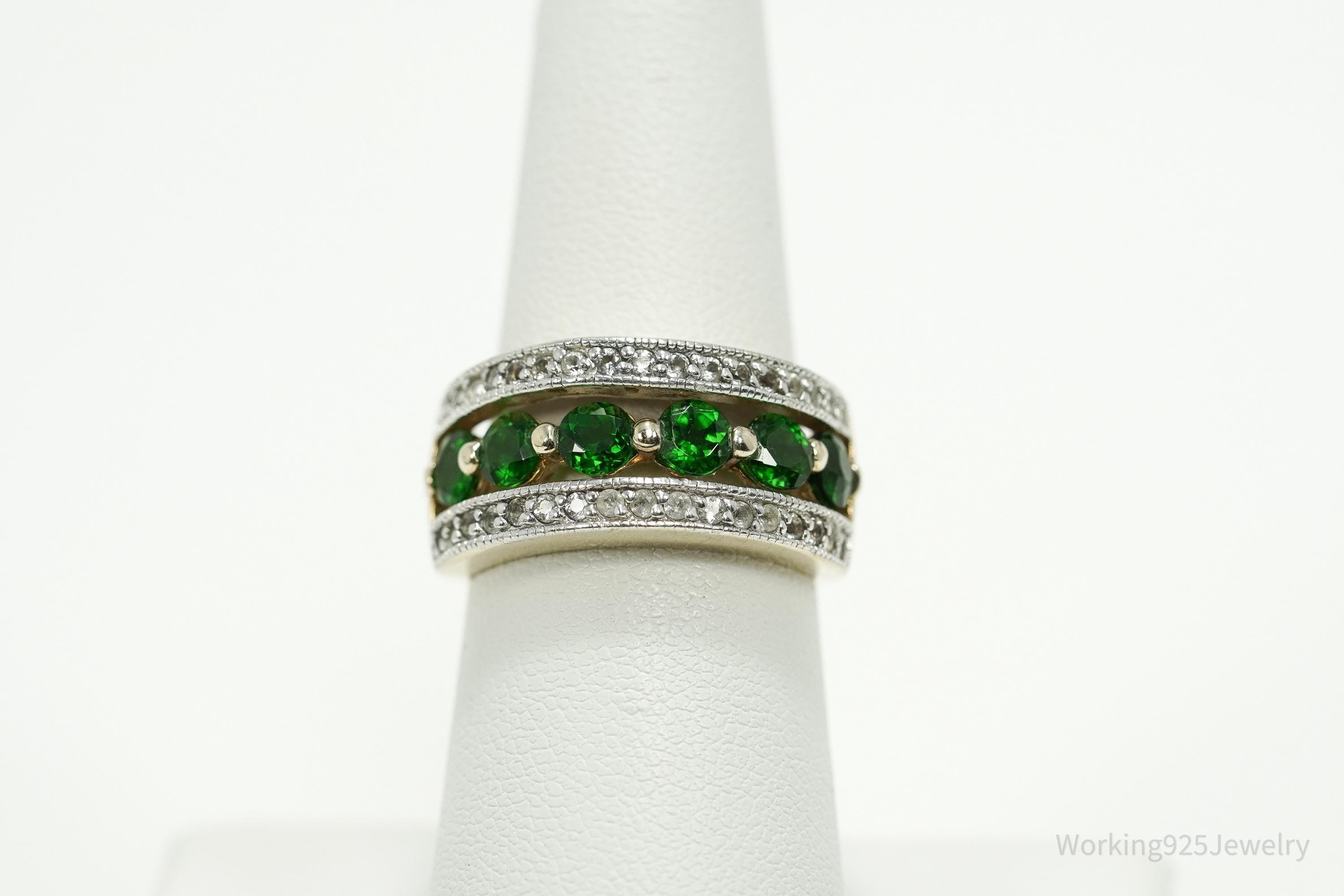 Vintage Green Chrome Diopside & White Topaz Gold Over Sterling Silver Ring - Size 6.75