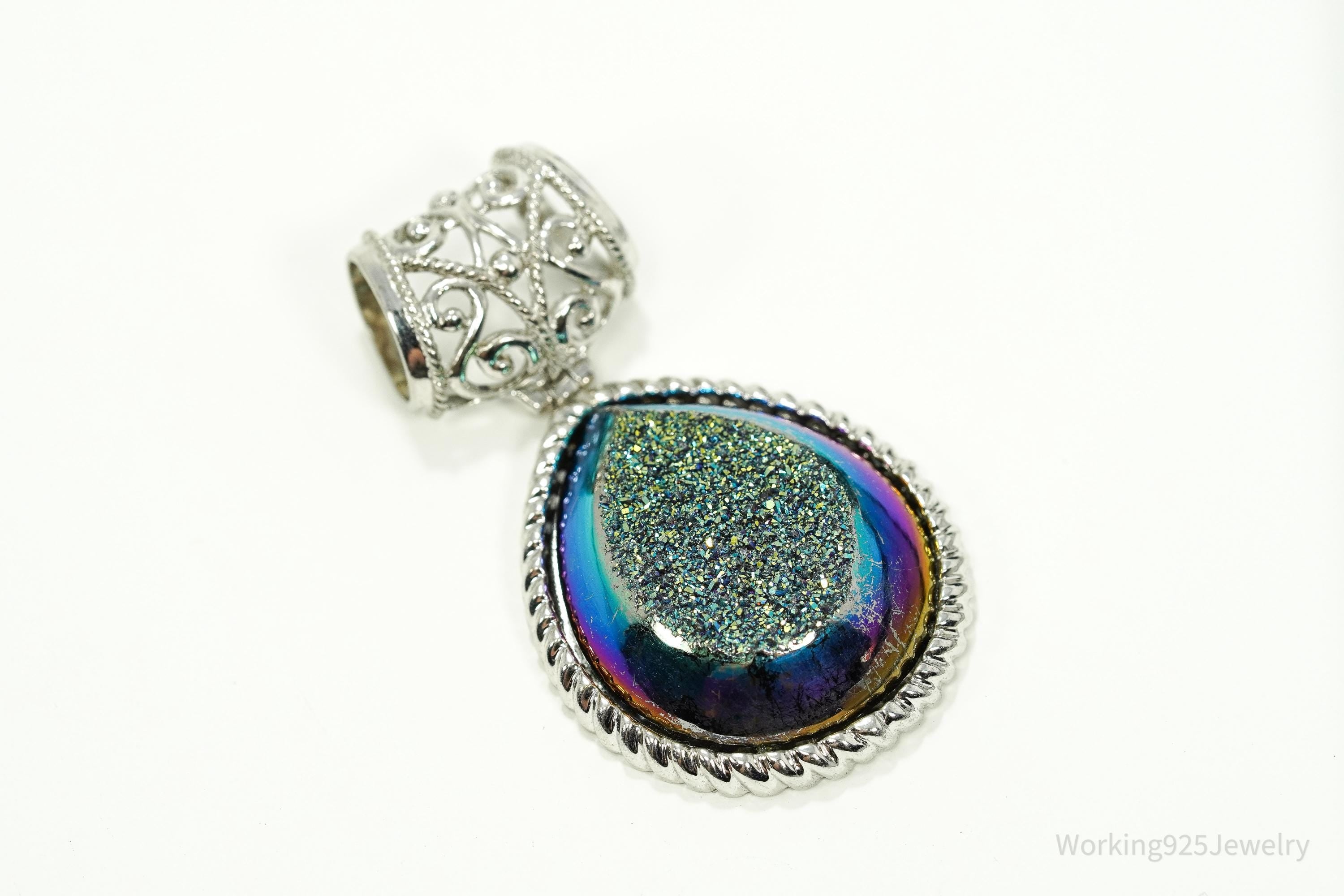 Vintage Large Druzy Quartz Sterling Silver Necklace Pendant