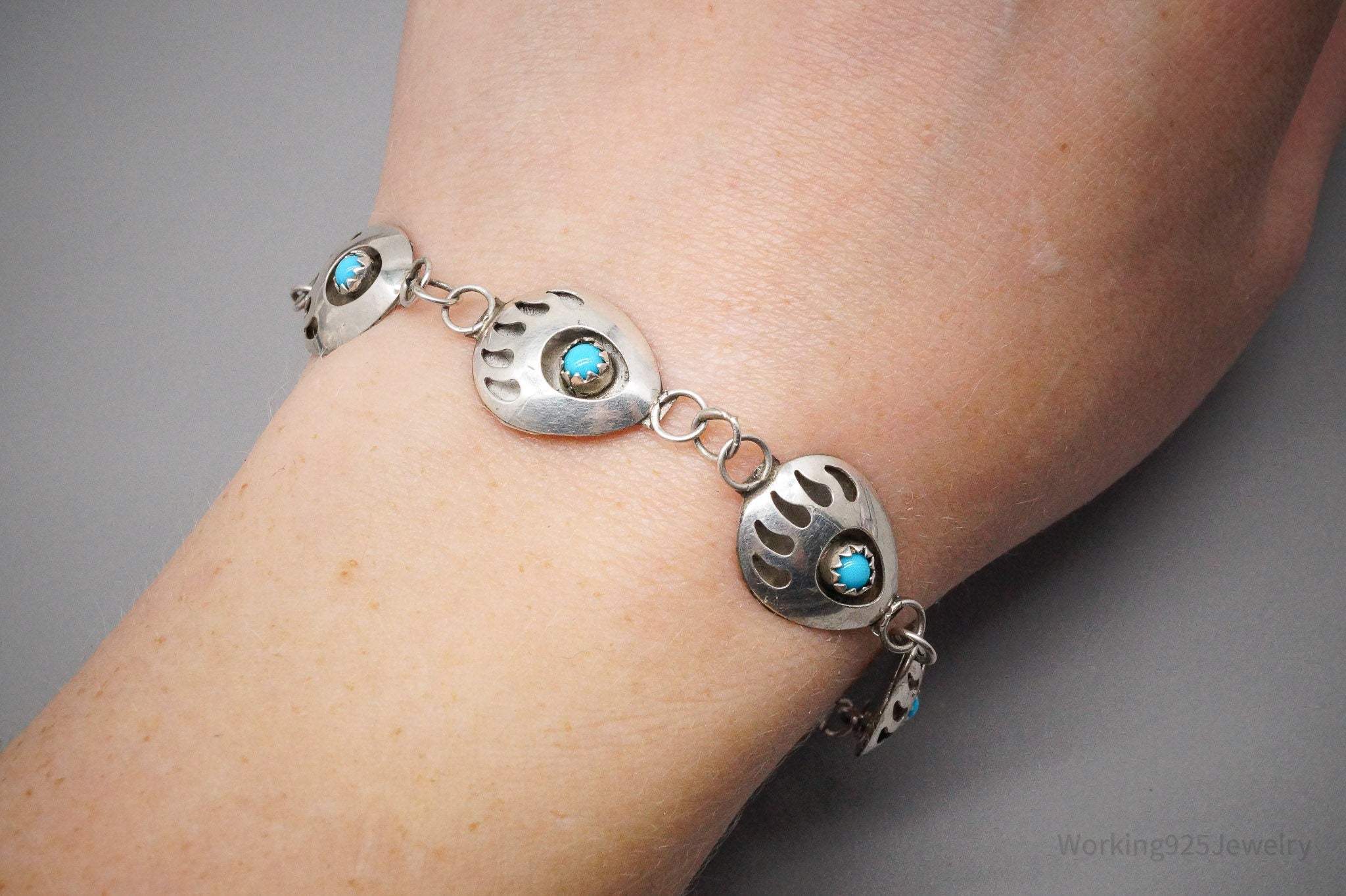 Vintage Native American Blue Turquoise Bear Paw Sterling Silver Bracelet