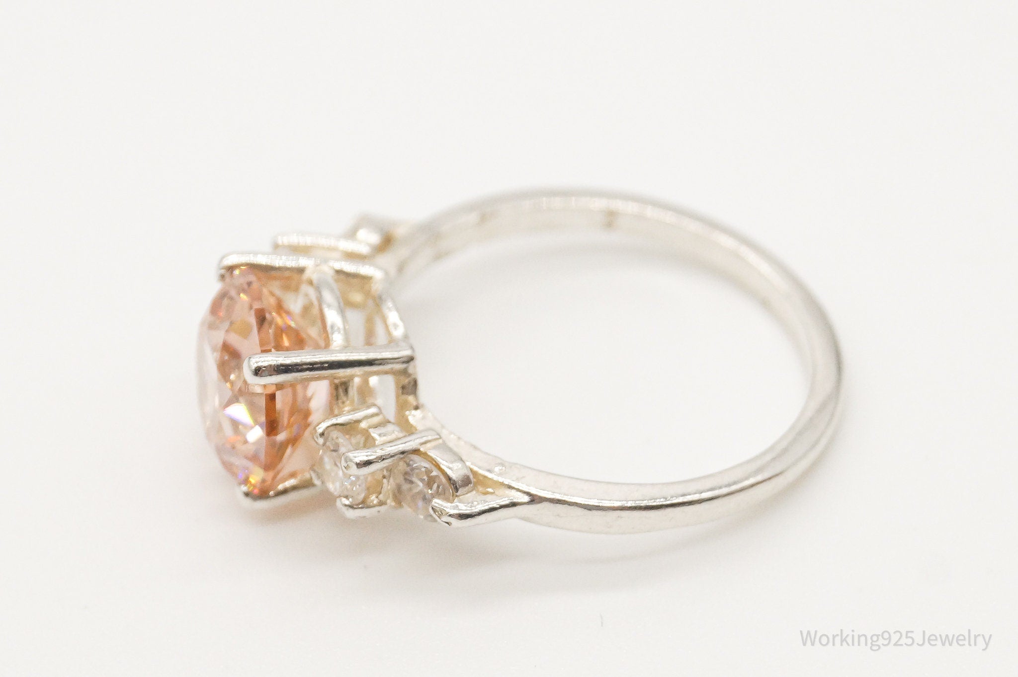 Vintage Peach & White Cubic Zirconia Sterling Silver Ring - Size 7