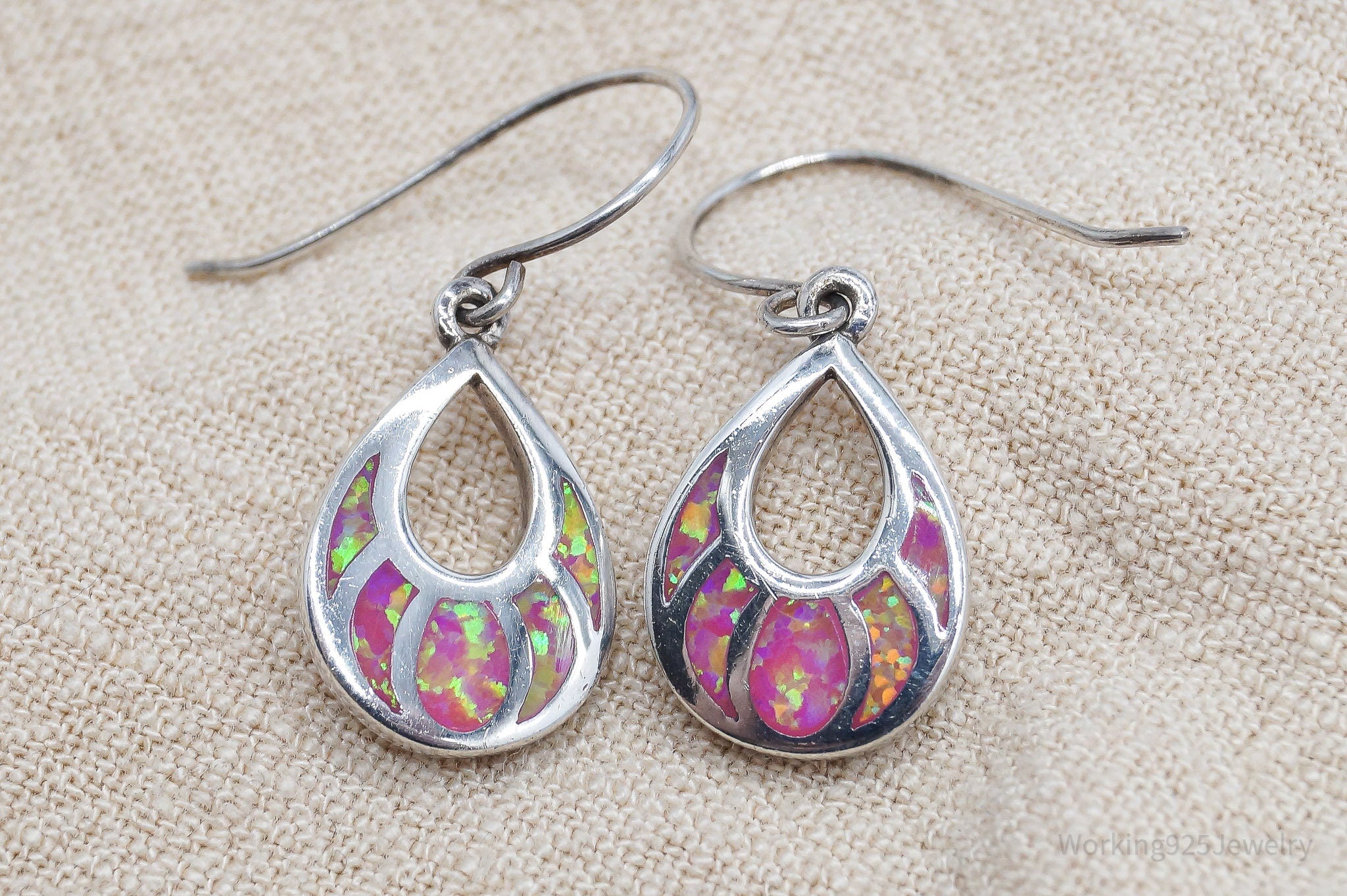 Vintage Lab Opal Inlay Sterling Silver Earrings