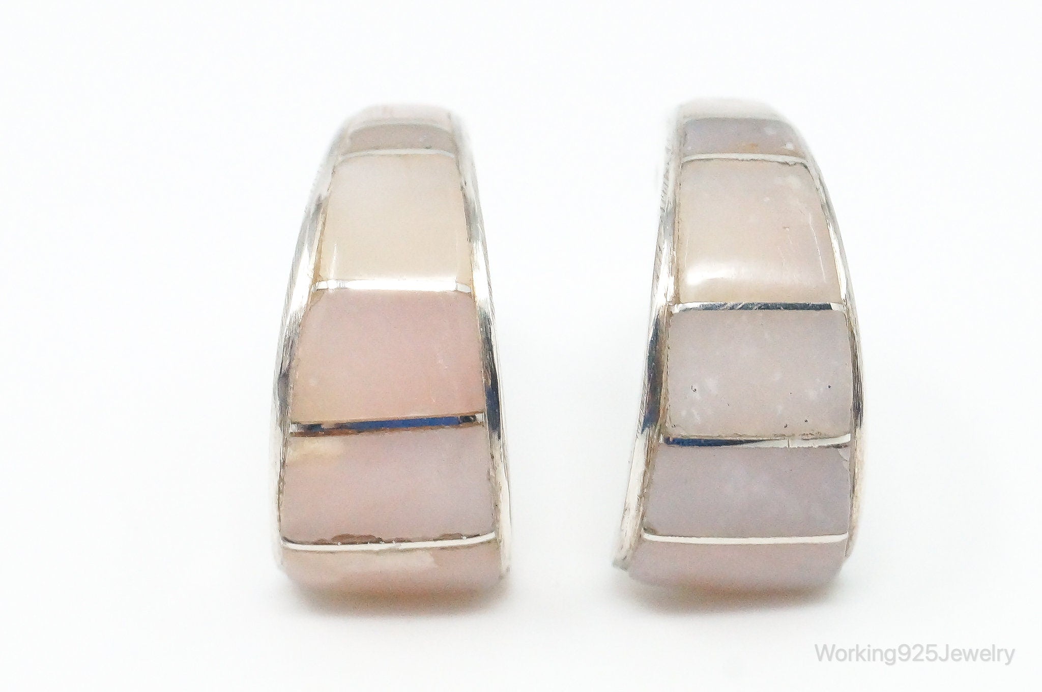 Vintage Native American Unsigned Rose Quartz Sterling Silver Hoop Earrings