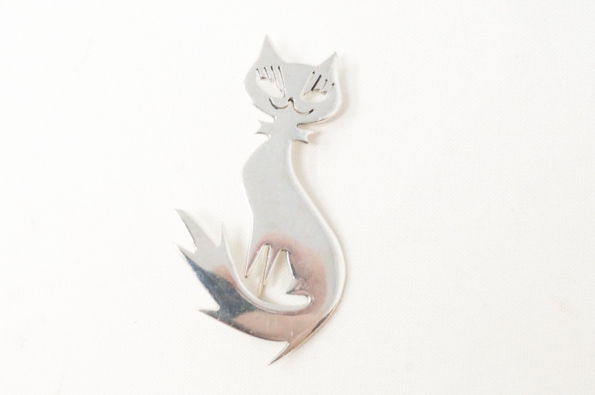 Vintage Taxco Mexico Handmade Cat Kitten Sterling Silver Brooch Pin