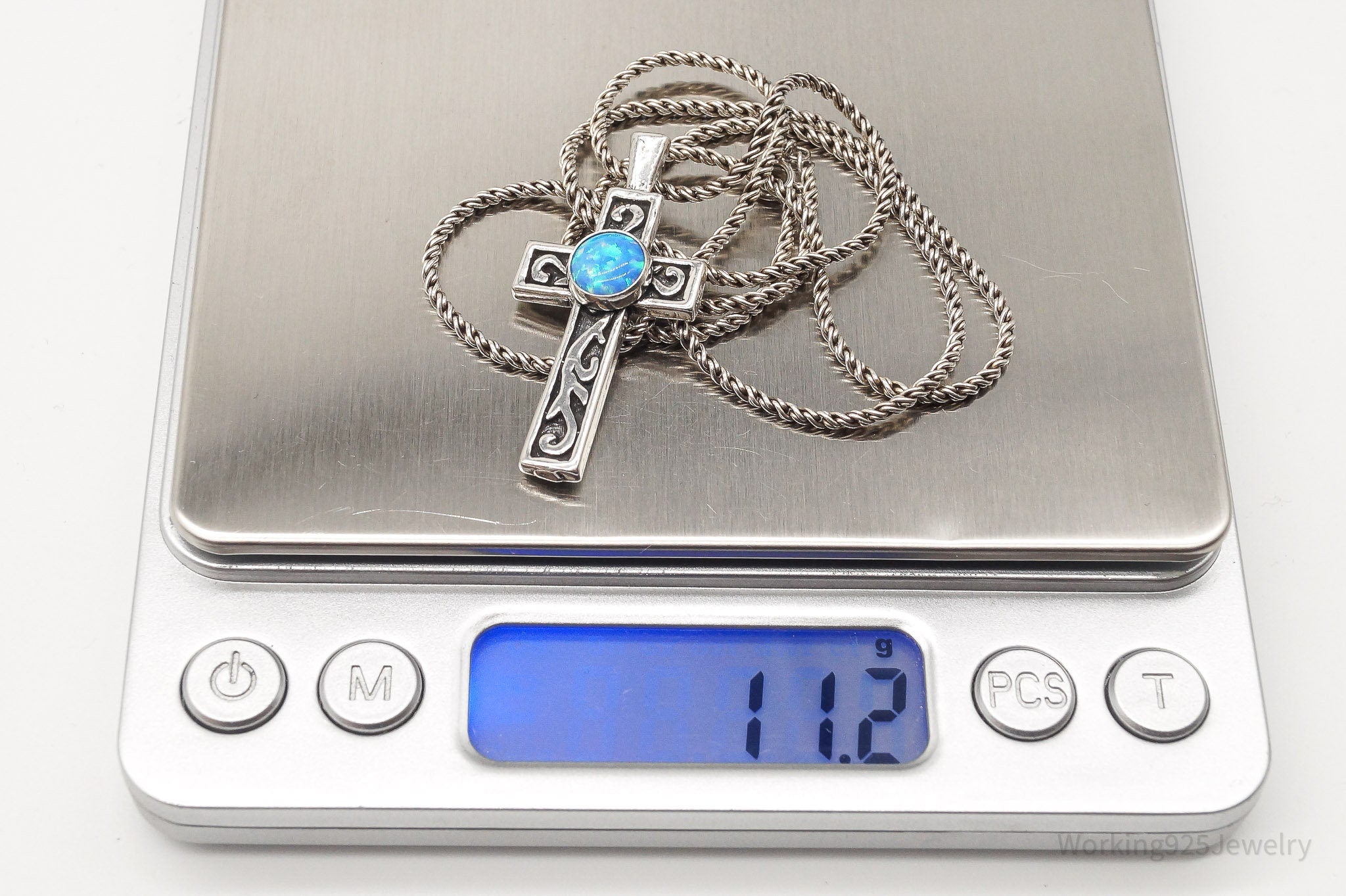 Vintage Blue Opal Sterling Silver Cross Necklace