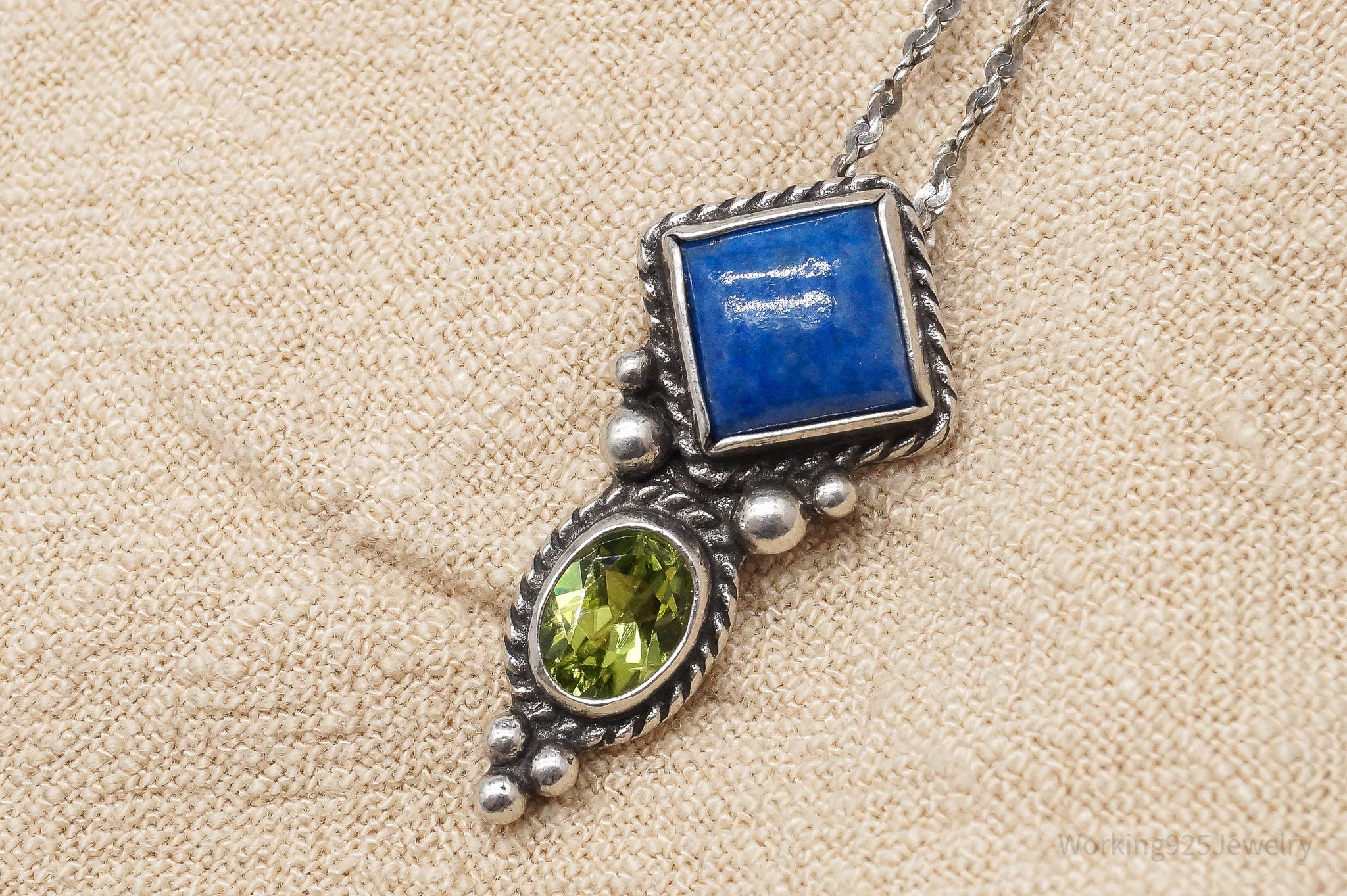 Vintage Lapis Lazuli Peridot Sterling Silver Necklace 20"