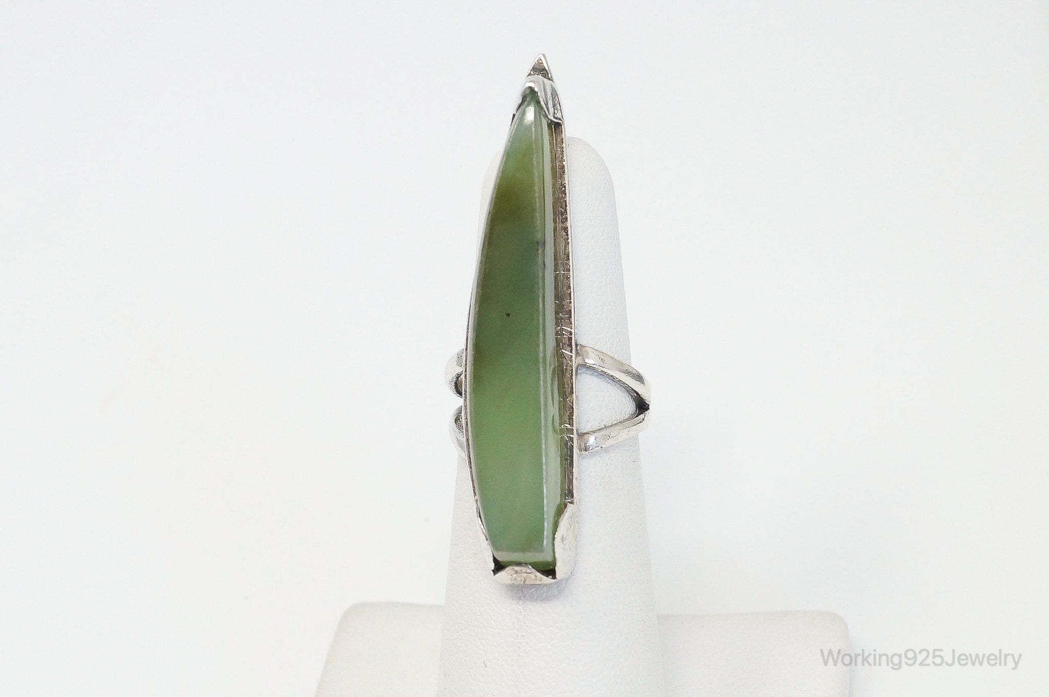 Vintage Long Green Prehnite Sterling Silver Ring - Size 5.25