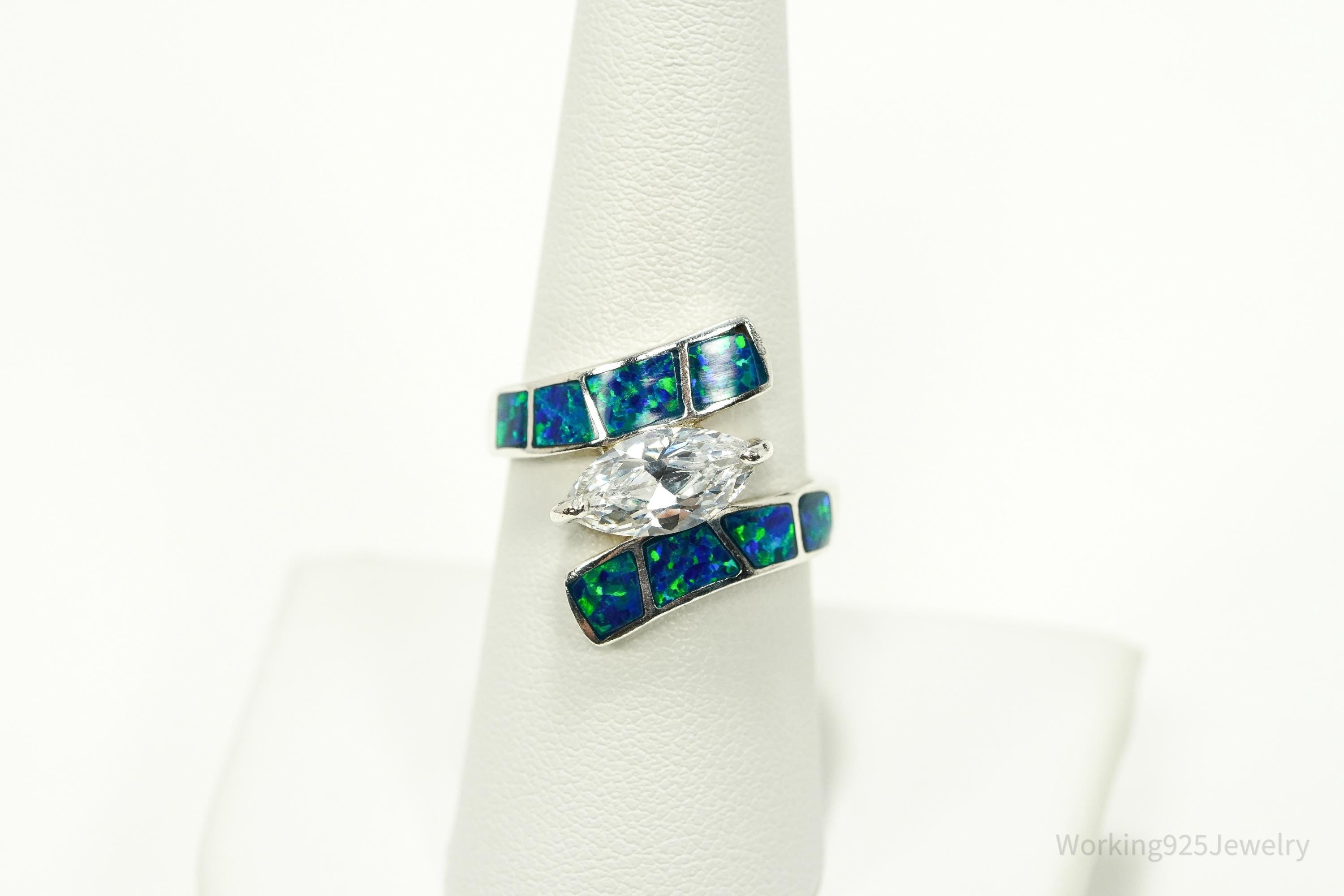 Vintage Cubic Zirconia & Opal Inlay Sterling Silver Ring - Size 8